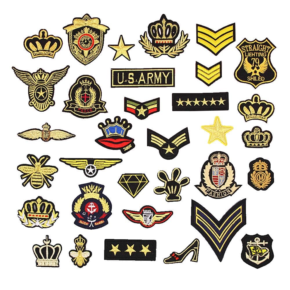 33Pcs Tactical Embroidered Patches Gold Color Morale Iron on Patches Military Sew on Patch for Decorating Repairing Jackets Shoes Bags Vests Backpacks Jeans Sleeve Caps Clothes Funny Badge Set