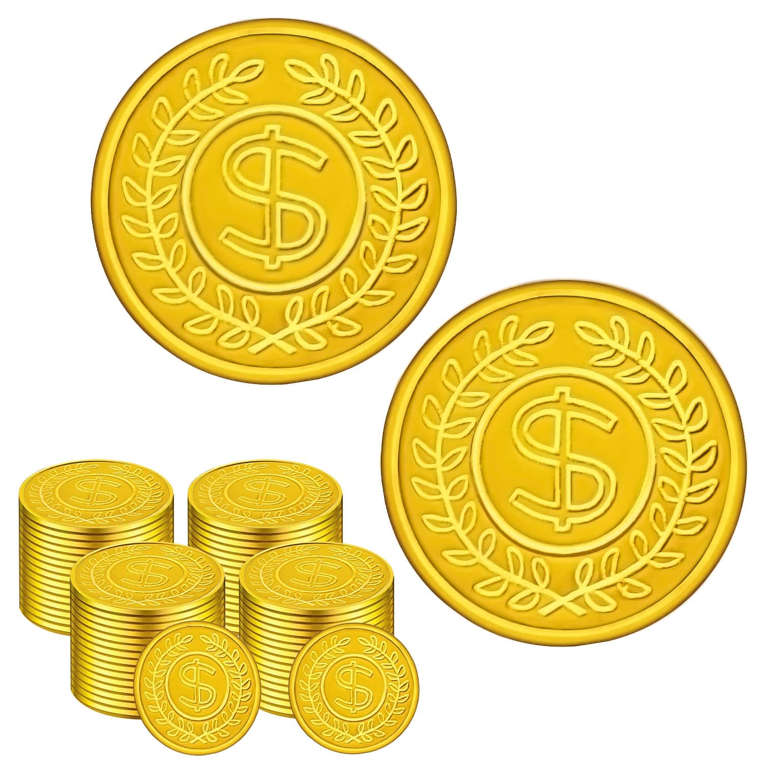 SpinLaLa 100 Count Plastic Gold Coins Set, Pirate Treasure Gold Play Coins for Kids Party Theme Props Decorations, Lucky Draw Games Treasure Hunt