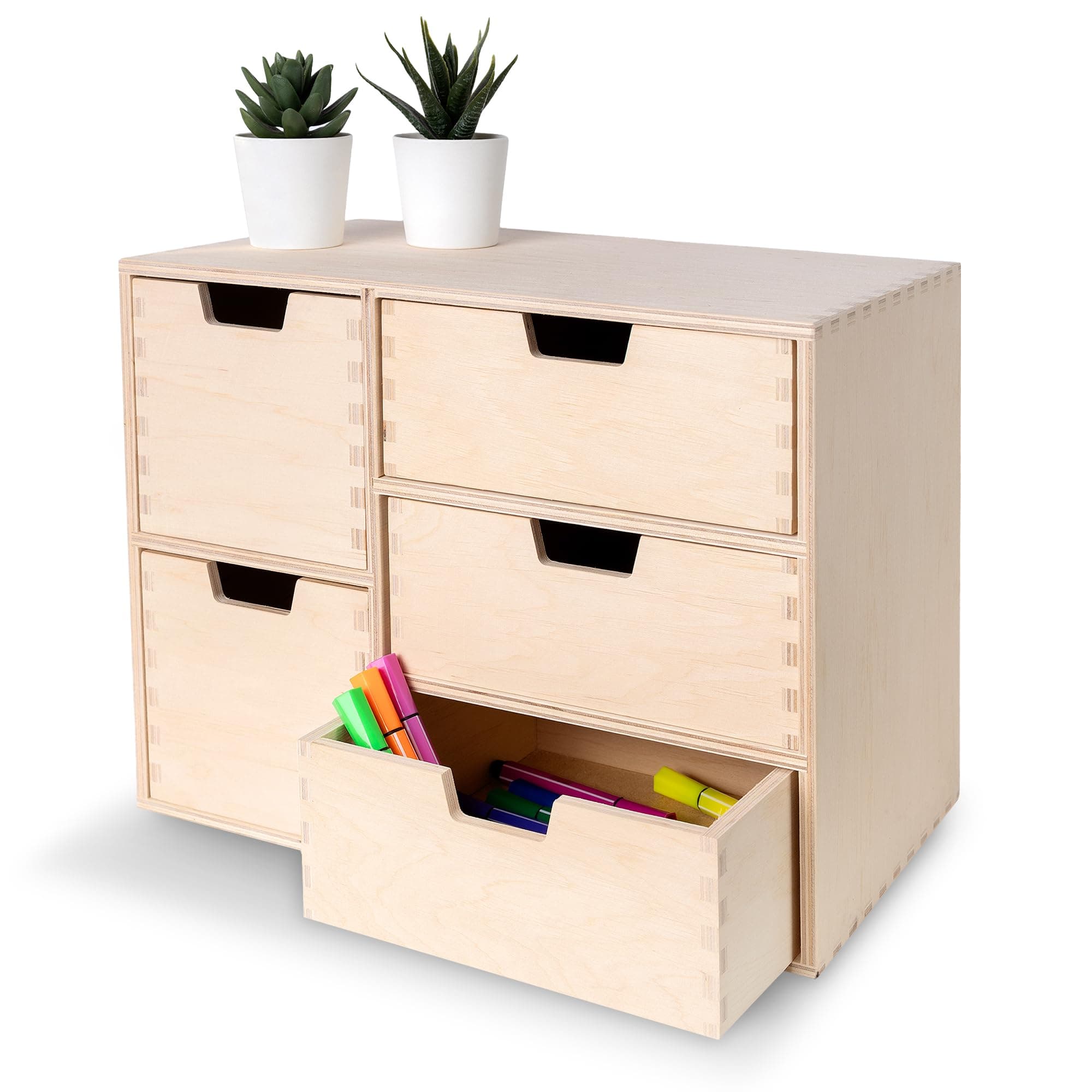 Creative DecoMini Wooden Chest of Drawers | 36x20x28.5cm | 5 Compartments | Desk Organiser for Paper Work Documents | Plain Stationary Organiser for Office Accessories | Large Storage Box with Drawer