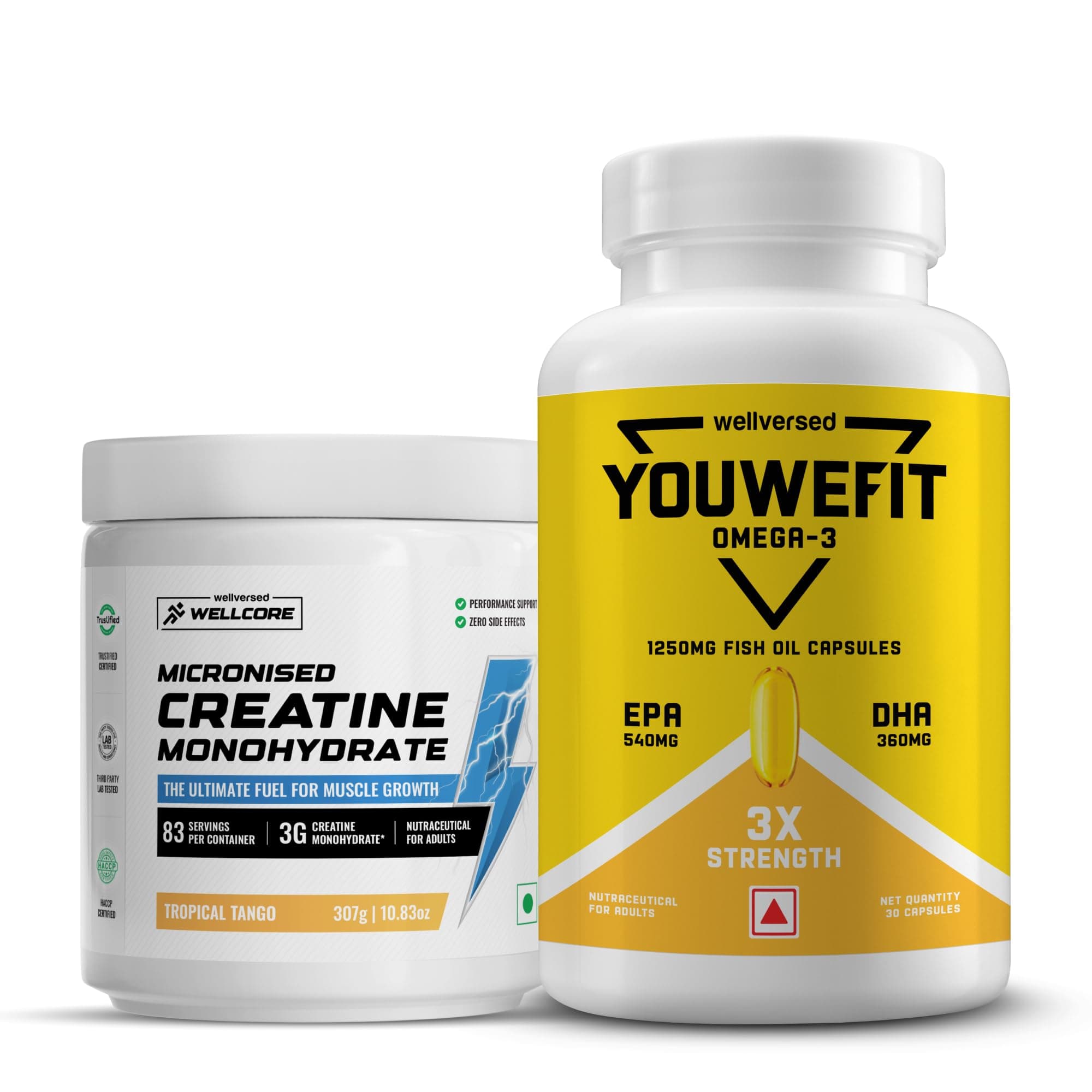 Wellcore - Pure Micronised Creatine Monohydrate | Rapid Absorption | Enhanced Muscle Strength & Power (Tropical Tango (83) + Fish Oil (30), Creatine + Omega)