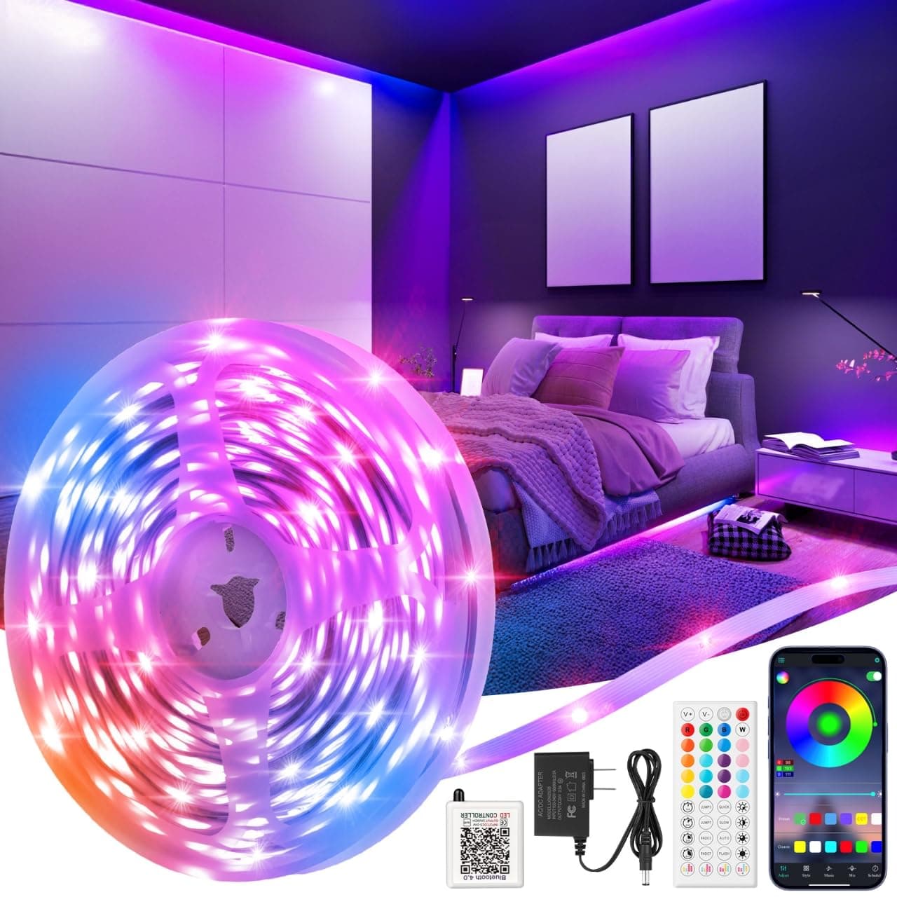 LED Strip Lights 50ft, 5050 RGB Color Changing Strip Lights for Bedroom with 24V Power Adapter, Dimmable LED Strip Lights with 44 Keys Remote for Birthday Party Christmas Decor