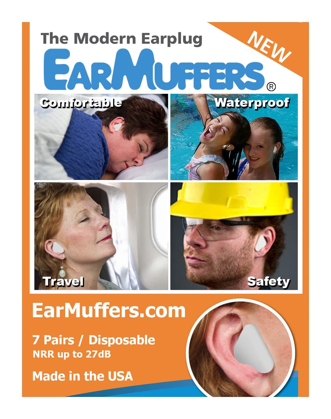 Ear Muffers The Modern Earplug, Just Peel and Stick for Swimmers, Concerts, Sleeping, etc