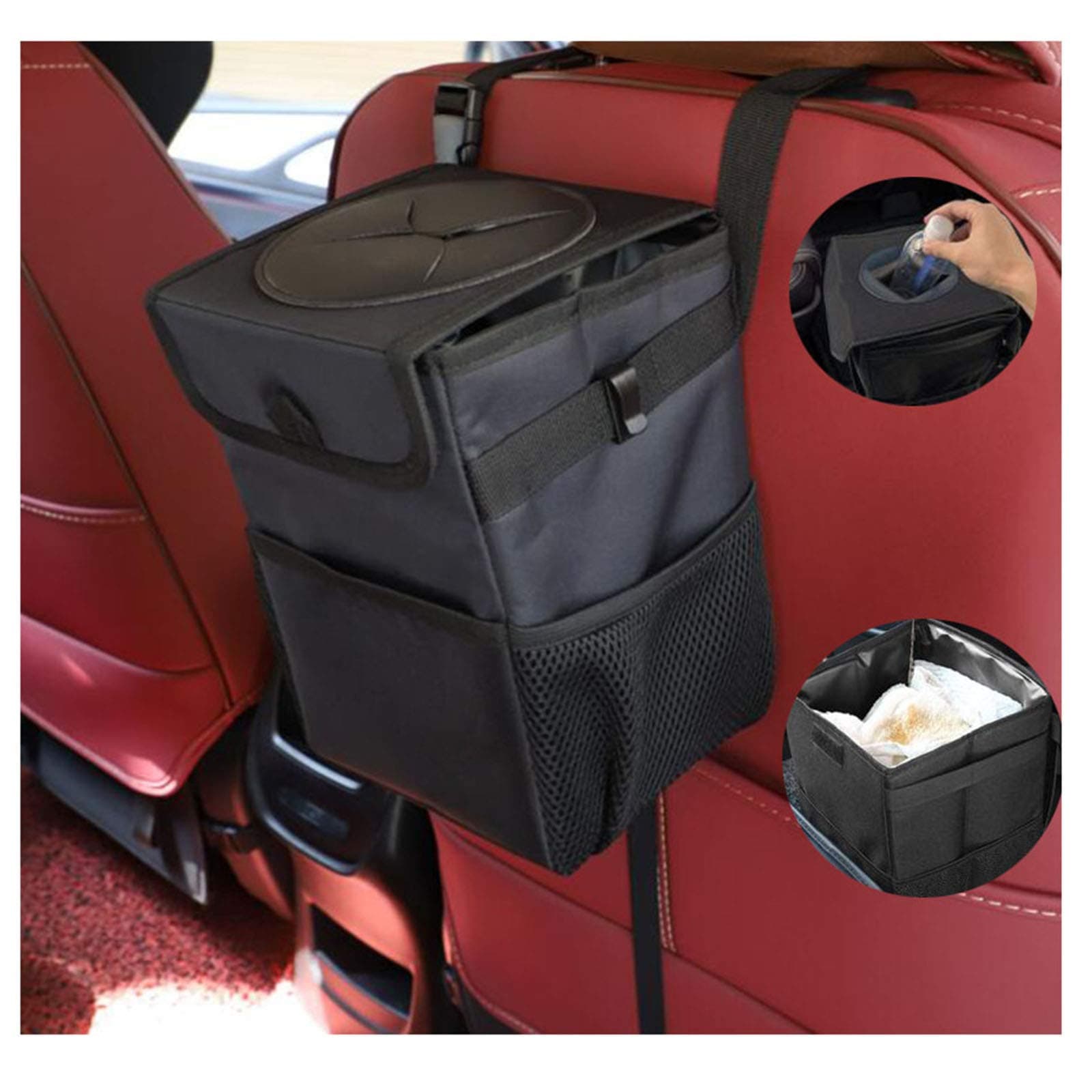 JU SHUN Foldable Car Bin, Car Rubbish Bin with Lid and Side Pockets, Leakproof Waterproof Oxford Car Trash Bag, Anti-smell Campervan bin, Car Accessory Organizer Bin Bag