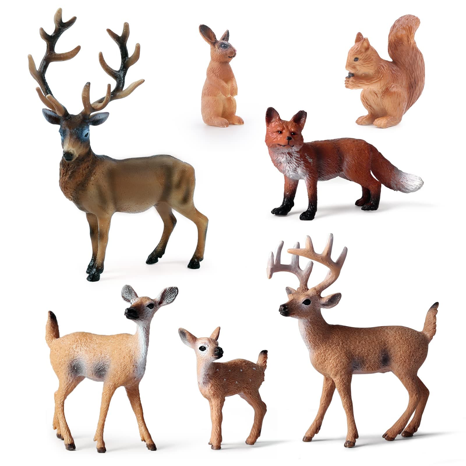 7Pcs Forest Animals Figures Toys, Miniature Woodland Creature Figurines with Deer Family, Elk, Fox, Rabbit, Squirrel for Kids Educational Birthday Christmas Cake Decoration Party Favors