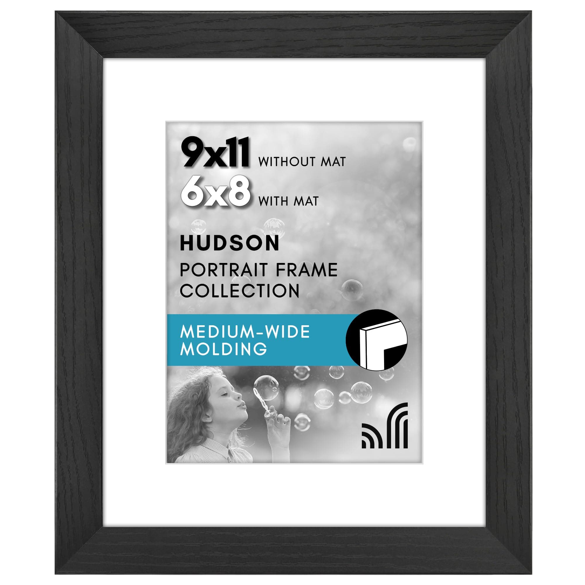 Americanflat 9x11 Picture Frame with Shatter-Resistant Glass - Use as 6x8 Frame with Mat or Display 9x11 Photo Without Mat - Hudson Collection - Wide Picture Frames for Tabletop and Wall - Black