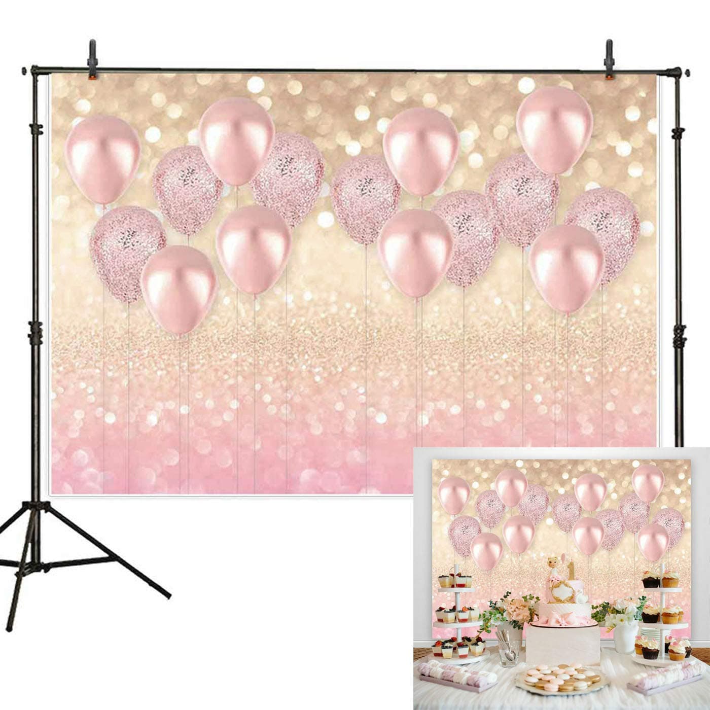 Haboke 7x5ft Durable/Soft Fabric Rose Gold Party Decorations Pink Balloon Photo Backdrop for Girls Birthday Baby Bridal Shower Bachelorette Women Party Supplies Photography Background Studio Props