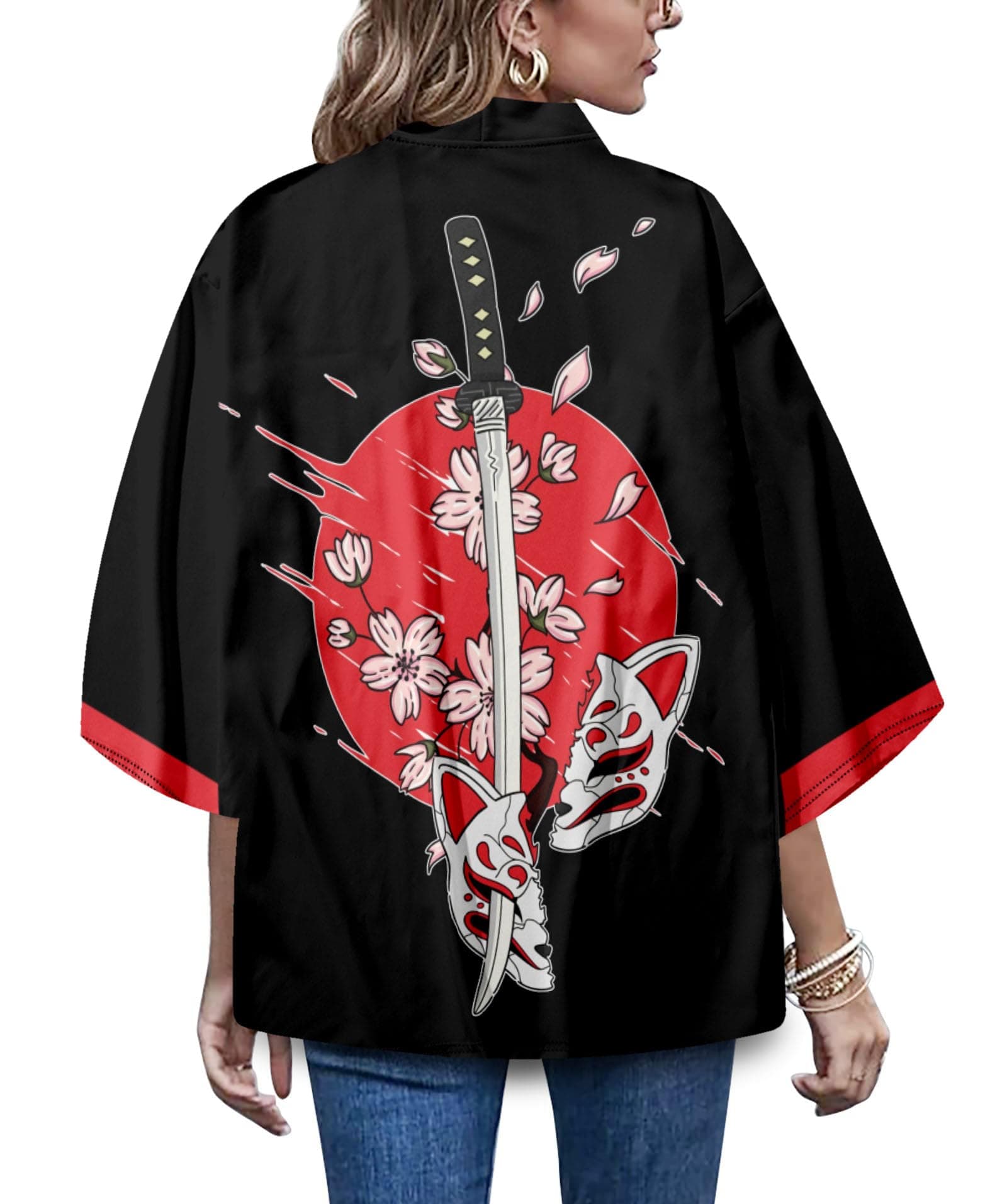 LAI MENG FIVE CATSWomen's 3/4 Sleeve Kimono Floral Print Loose Shawl Cover up Cardigan Casual Blouse Tops