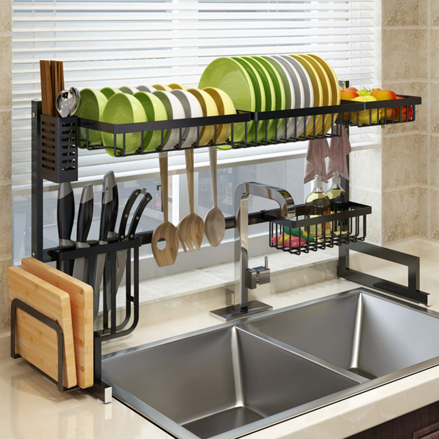 Over Sink Drying Rack, Galsor 2 Tier Stainless Steel Over The Sink Dish Drying Rack Adjustable Width 33.5-40" Large Dish Drainer, Organizer Storage for Kitchen Counter or Fridge Space Save, Black