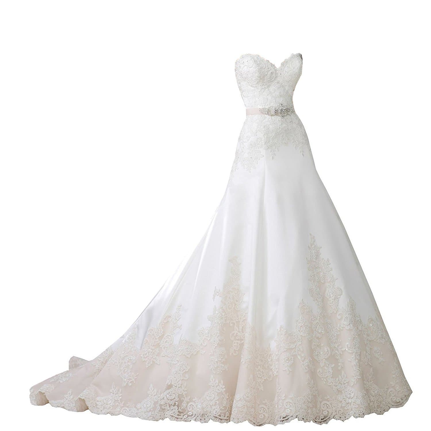 Mylilac Women's Strapless Sorded Lace Tulle and Satin A-line Wedding Dress