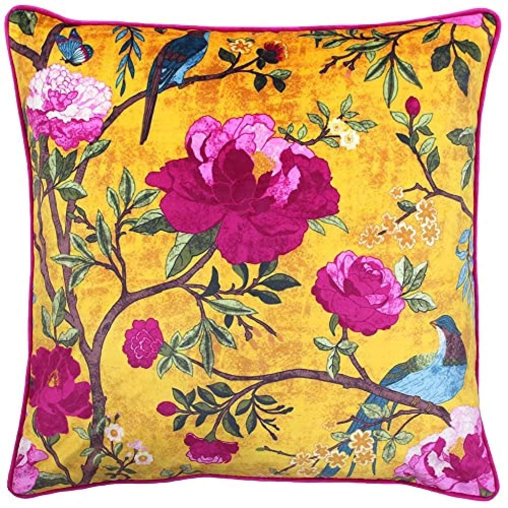 Paoletti Riva Chinoiserie Cushion Cover - Gold Yellow - Chinoiserie Flower Bird Print - Piped Edges - Machine Washable - 100% Polyester - 50 X 50cm (20" X 20" Inches) - Designed in the UK