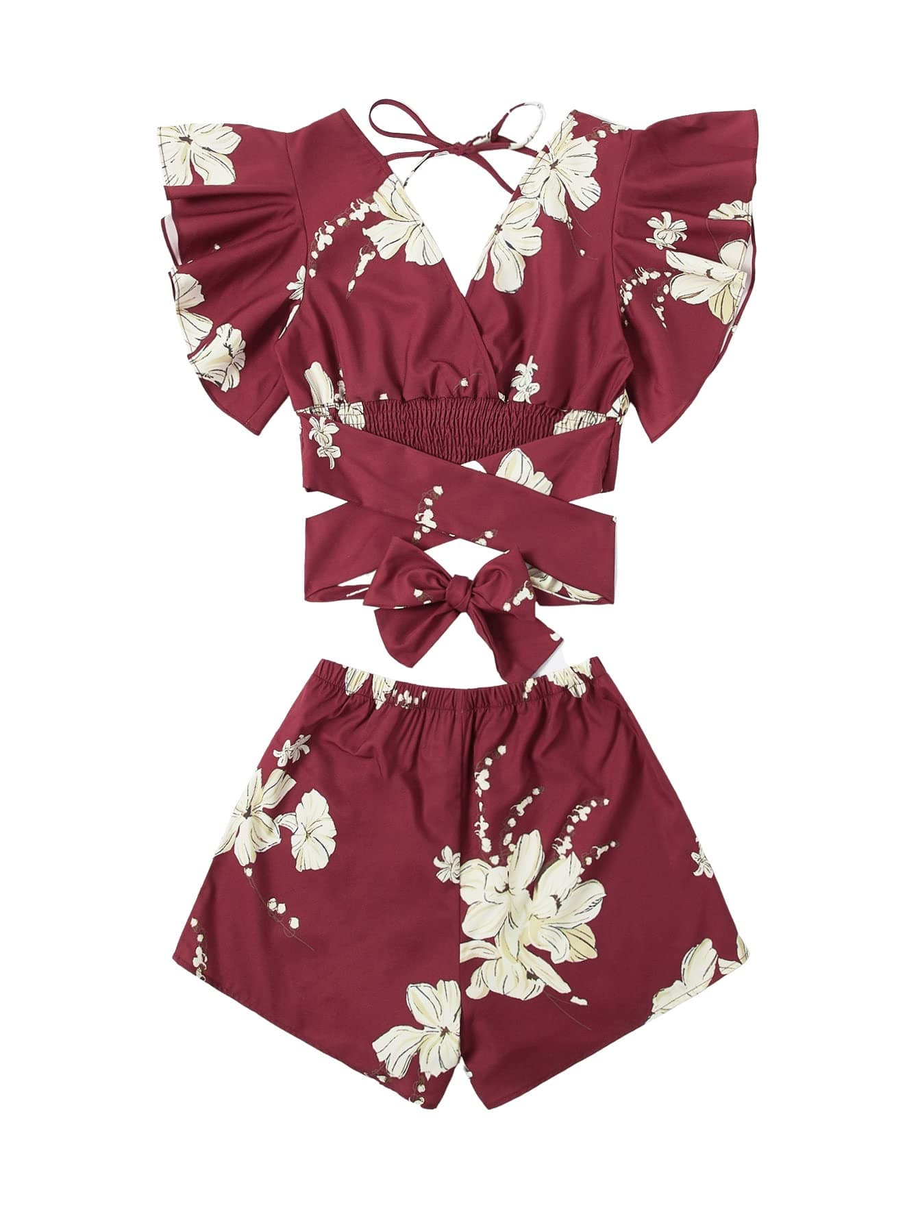 SweatyRocks Women's 2 Piece Boho Butterfly Sleeve Knot Front Crop Top with Shorts Set (Medium, Burgundy)