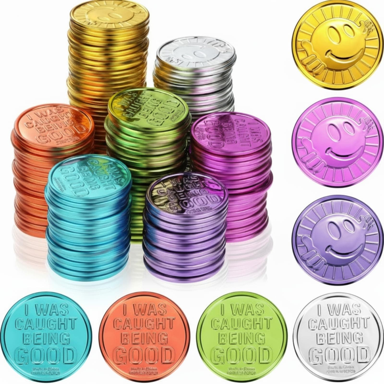 Civaner 100 Pcs Caught Being Good Coins Kids Behavior Tokens Classroom Behavior Incentives Coin Smile Face Reward Tokens for Kids(Smile Face)