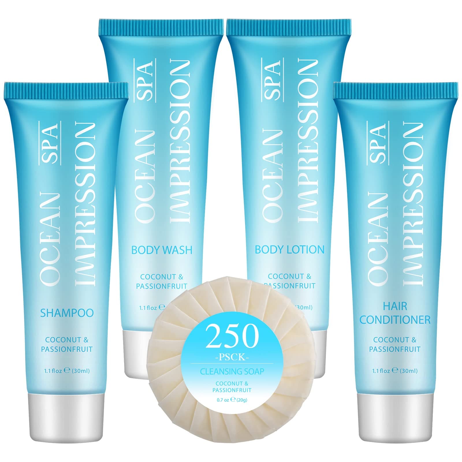 OPPEAL OCEAN SPA IMPRESSION Travel Size Toiletries 5 in 1 Sets, 1 oz Shampoo and Conditioner, Body Wash, Lotion & 0.7 oz Hotel Soaps Bulk, 250 Pcs Hotel Amenities, Perfect Coconut Scent