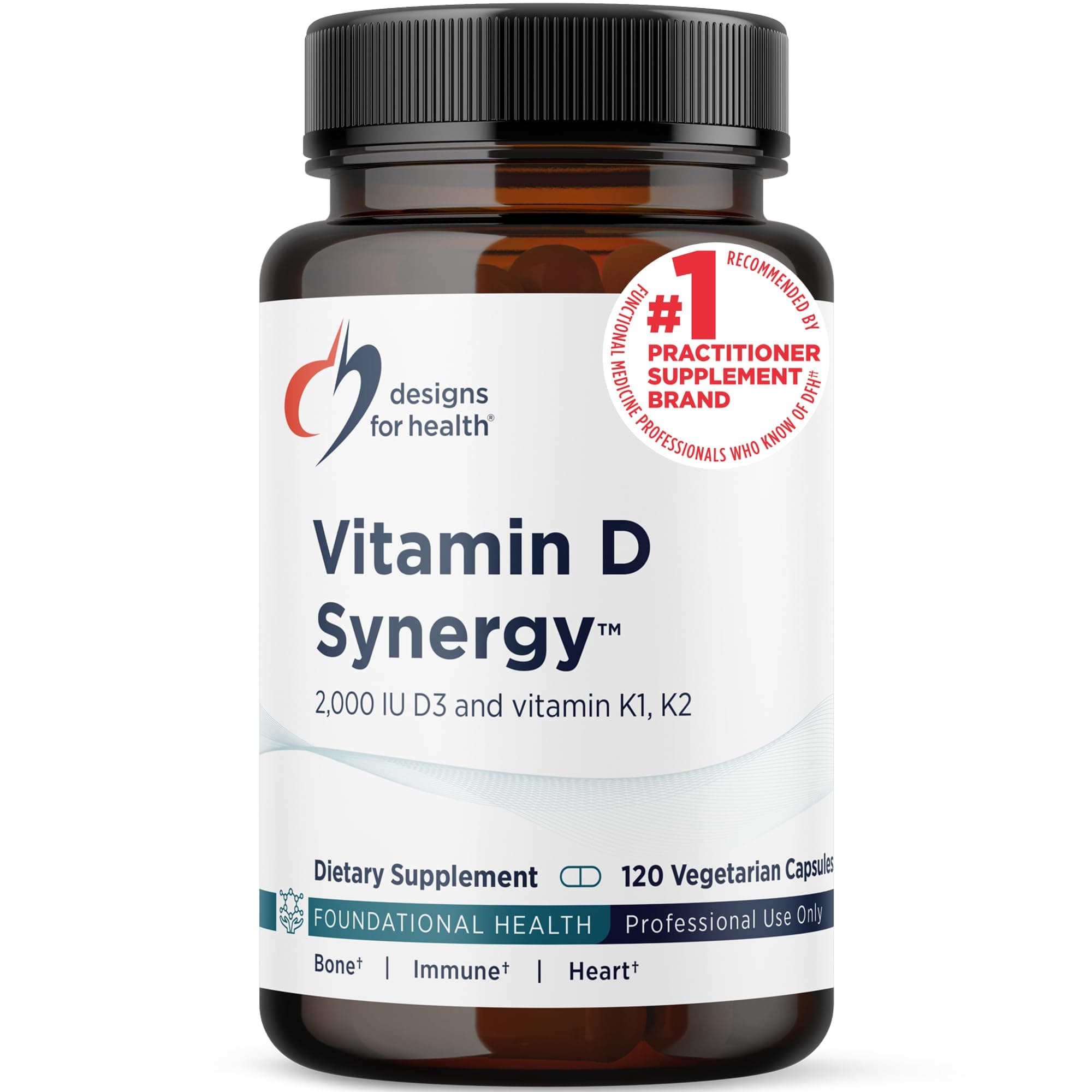 Vitamin D Synergy - 2000 IU Vitamin D with K Supplement - Supports Healthy Moods, Bone Health + Immune Health for Adults - VIT D3 + Vitamin K - Gluten Free + Non-GMO (120 Capsules)