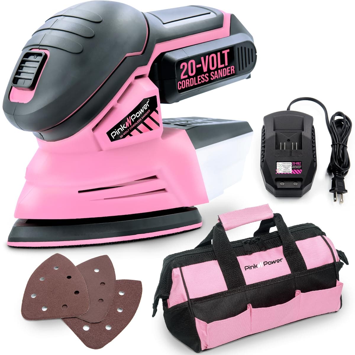 Pink Power Detail Sander for Woodworking 20V Cordless Electric Hand Sander for Wood Furniture - Mini Palm Sander Tool with Sandpaper, Li-Ion Battery & Charger - Small Handheld Sanding Machine