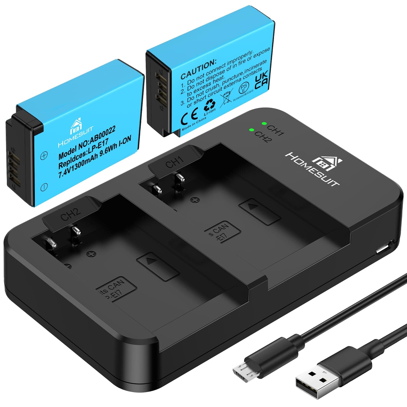 Homesuit LP-E17 Battery 1300mAh and Dual USB Charger Compatible with Canon EOS R8 R10 R50 R100 RP Rebel SL3 SL2 T8i T7i T6i T6s M3 M5 M6 EOS 200D 250D 77D 750D 760D 800D 850D 8000D Camera (2-Pack)
