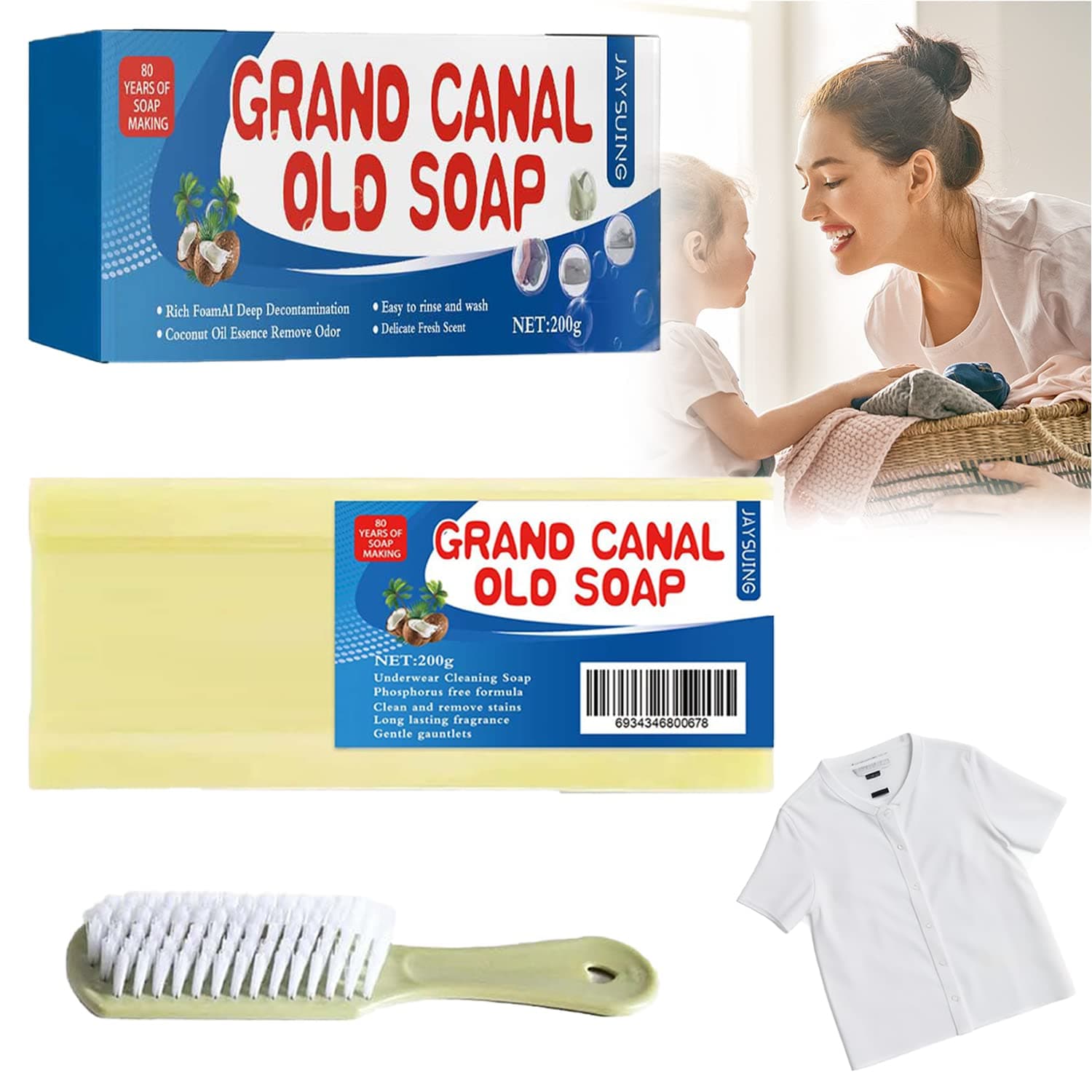 Grand Canal Soap, Natural Bar Soap,Removing Oil Odors and Stains,Long-Lasting Fragrance,Laundry Soap Bars Free of Hurting Hands for Cloth Underwear Baby Cloth Cleaning,Hand/Machine Wash(+1Brush)
