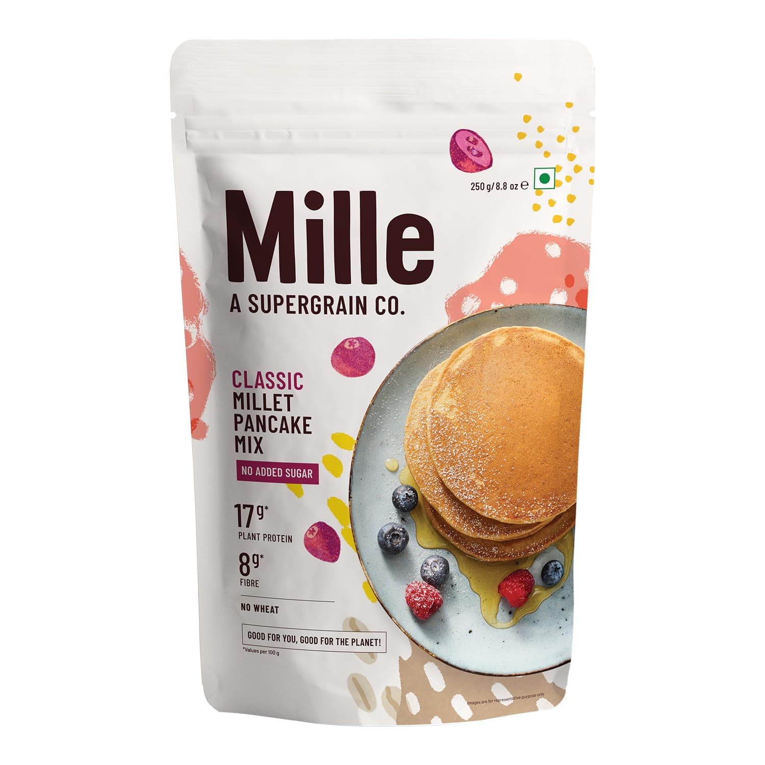 Mille No Sugar Classic 17g Plant Protein Pancake Mix | High Protein Breakfast | High Fibre | Vegan, Low Carb & Low Calorie | No Refined Flour, No Refined Sugar, Low GI Millet Grain | 250 grams