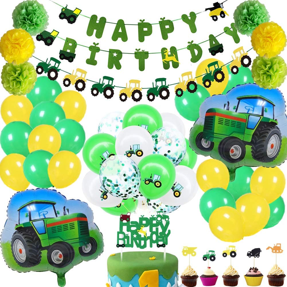 Coolbee68Pcs Green Tractor Theme Farm Party Decorations: Banner, Garland, Balloons, Cupcake Toppers & More for Kids' 1st-8th Birthday Celebrations