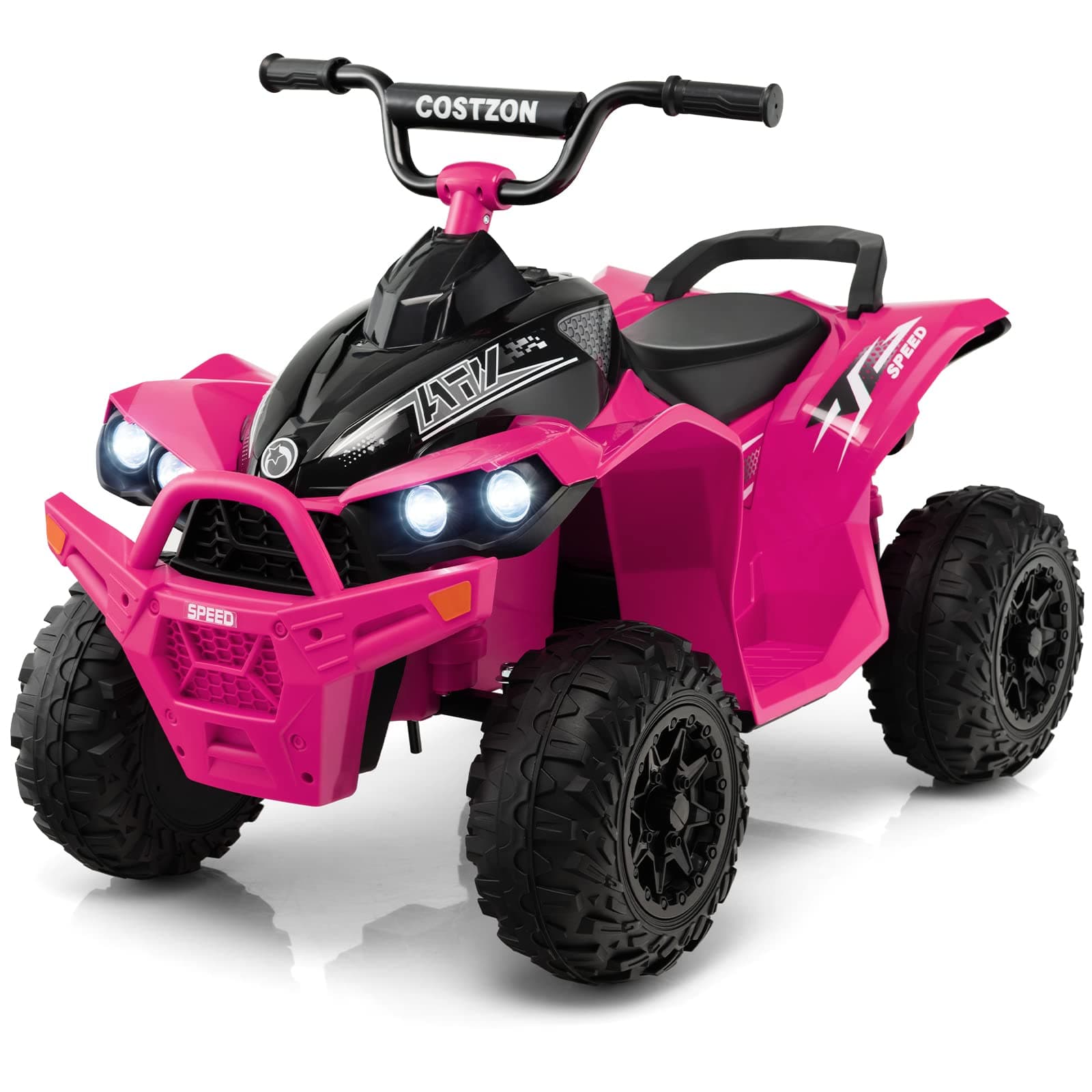 Costzon Kids ATV, 12V Battery Powered Ride on Car Quad W/Adjustable Speed, Treaded Tires, Headlights, Horn, Music, Forward & Backward, Electric ATV for Girls (Pink)