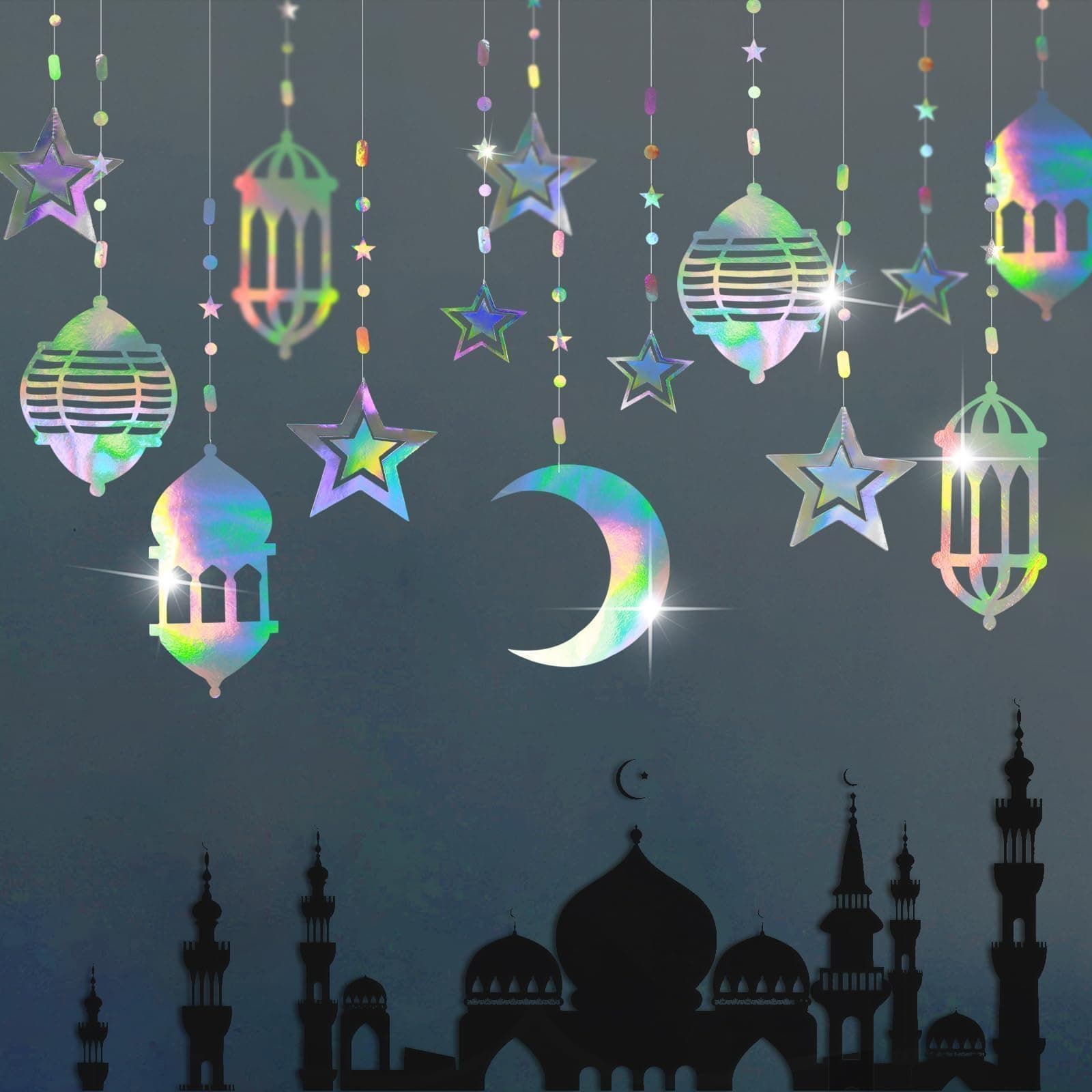 Cheerland Iridescent Ramadan Decorations Moon Star Garlands Eid Decoration for Home Islamic Banner Crescent Hanging Eid Mubarak Decor Moon Streamers Holographic Eid Party Backdrop