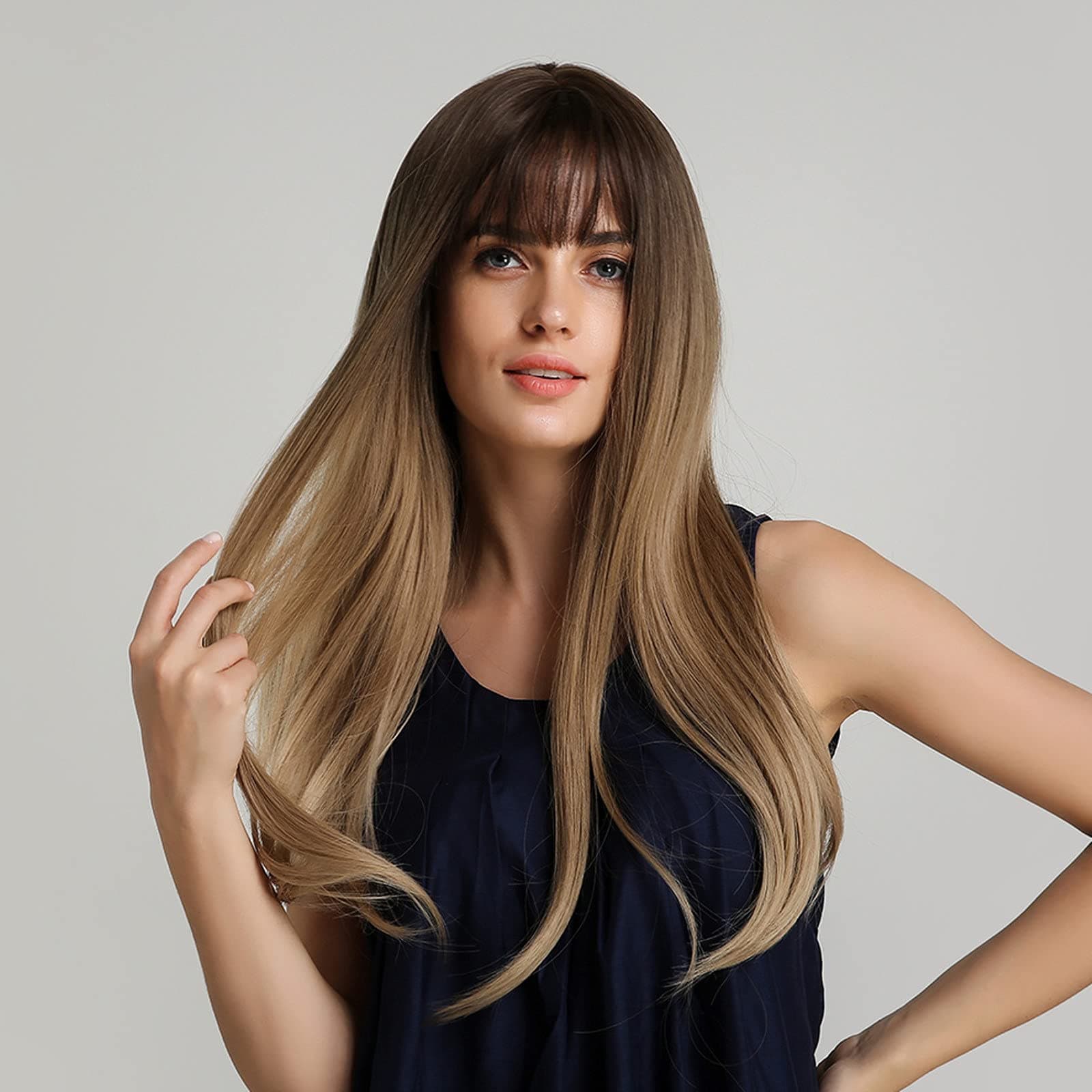 Long Brown Ombre Synthetic Wigs, GLAMADOR Long Straight Synthetic Wig for Woman, Dress Wig Curly Halloween Wig Synthetic Wig Cosplay Wig for Girl, Brown 22''