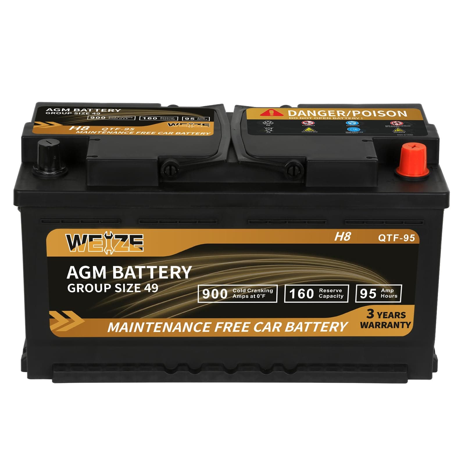 Weize Platinum AGM Battery BCI Group 49-12v 95ah H8 Size 49 Automotive Battery, 160RC, 900CCA, 36 Months Warranty, Dimensions 13.9" L x 6.89" W x 7.48" H