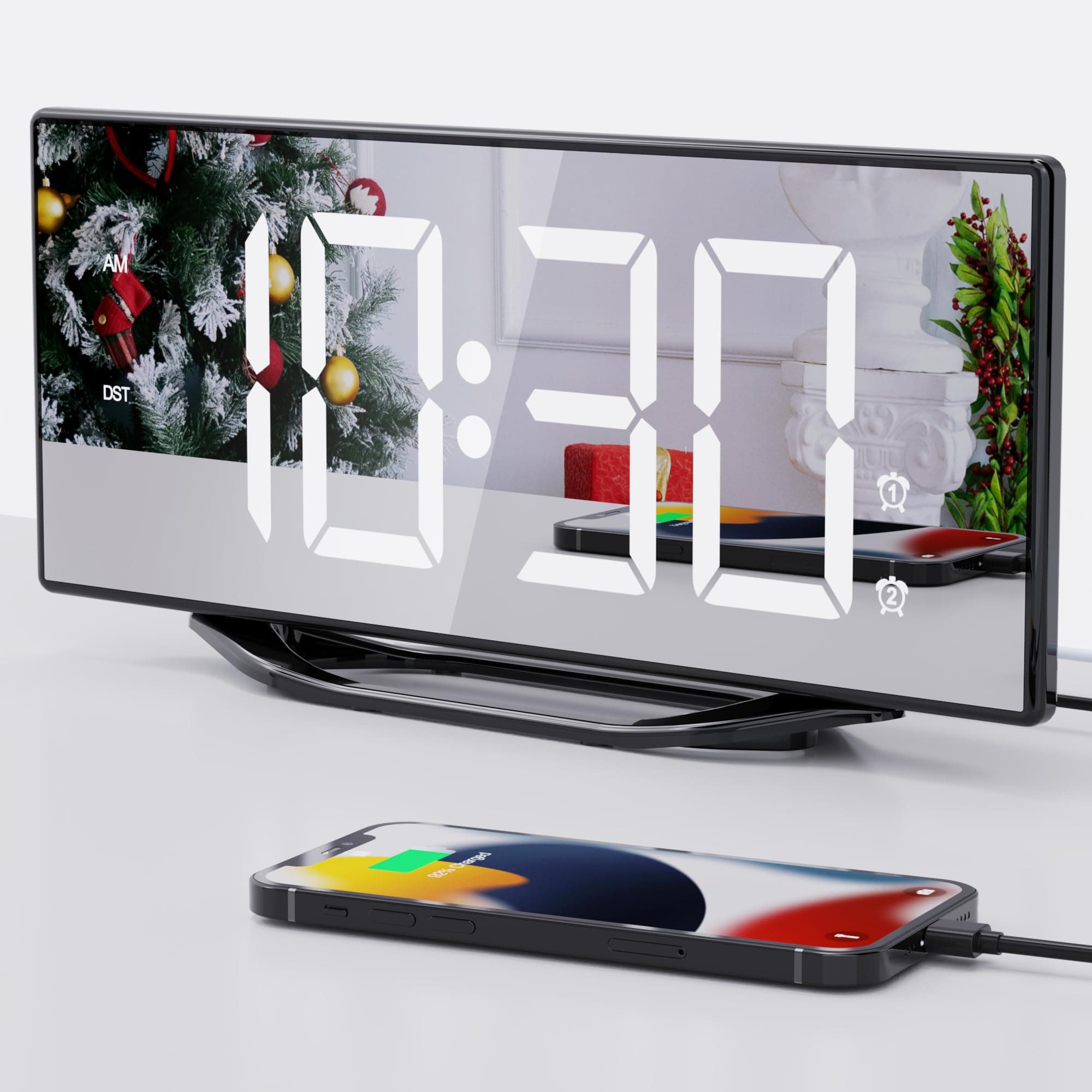 8.7โ Mirror Digital Alarm Clock for Bedroom, LED Digital Clock Large Display with Battery Backup, 2 USB Charger Ports, Dual Alarms, 8 Dimmer & 7 Volume, Aesthetic Slim Clock for Desk Modern Decoration