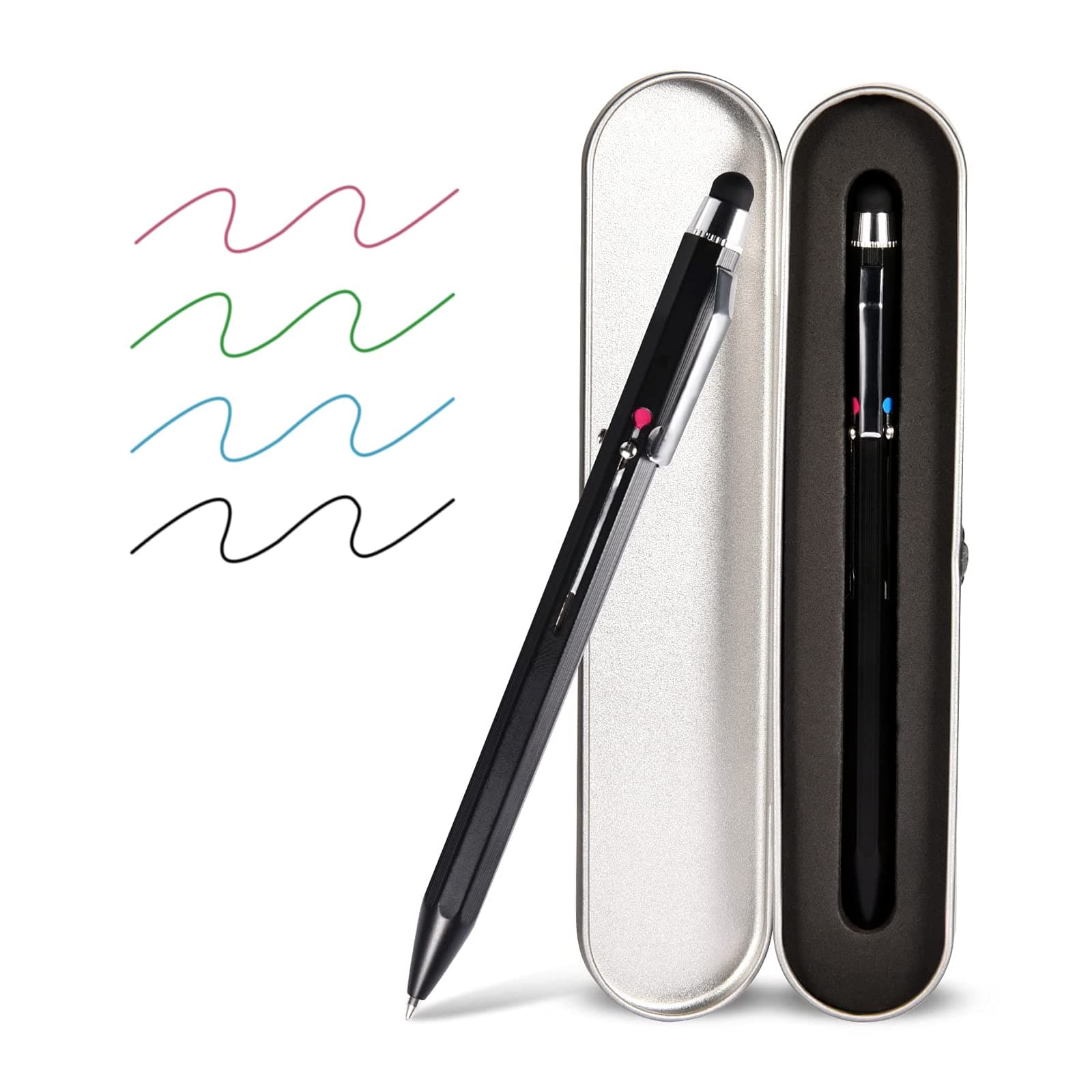 SMTTW 5-in-1 Stylus Pen&Multicolored Pen in One, Multifunction Pen with Metal Gift Box,Black Blue Red Green Ballpoint Pen for Tablet with Universal Stylus Multicolor Pen for Touch Screens(Black)