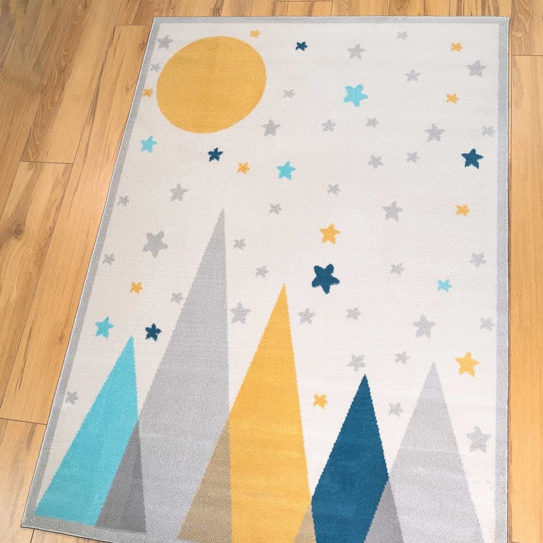 Scandi Mountain Soft Polyester Children's Kids Rugs Star Moon Grey Nordic Ochre Yellow Girls Boys Multi Coloured Playroom Bedroom Nursery Play Rug Mat 120cm x 170cm
