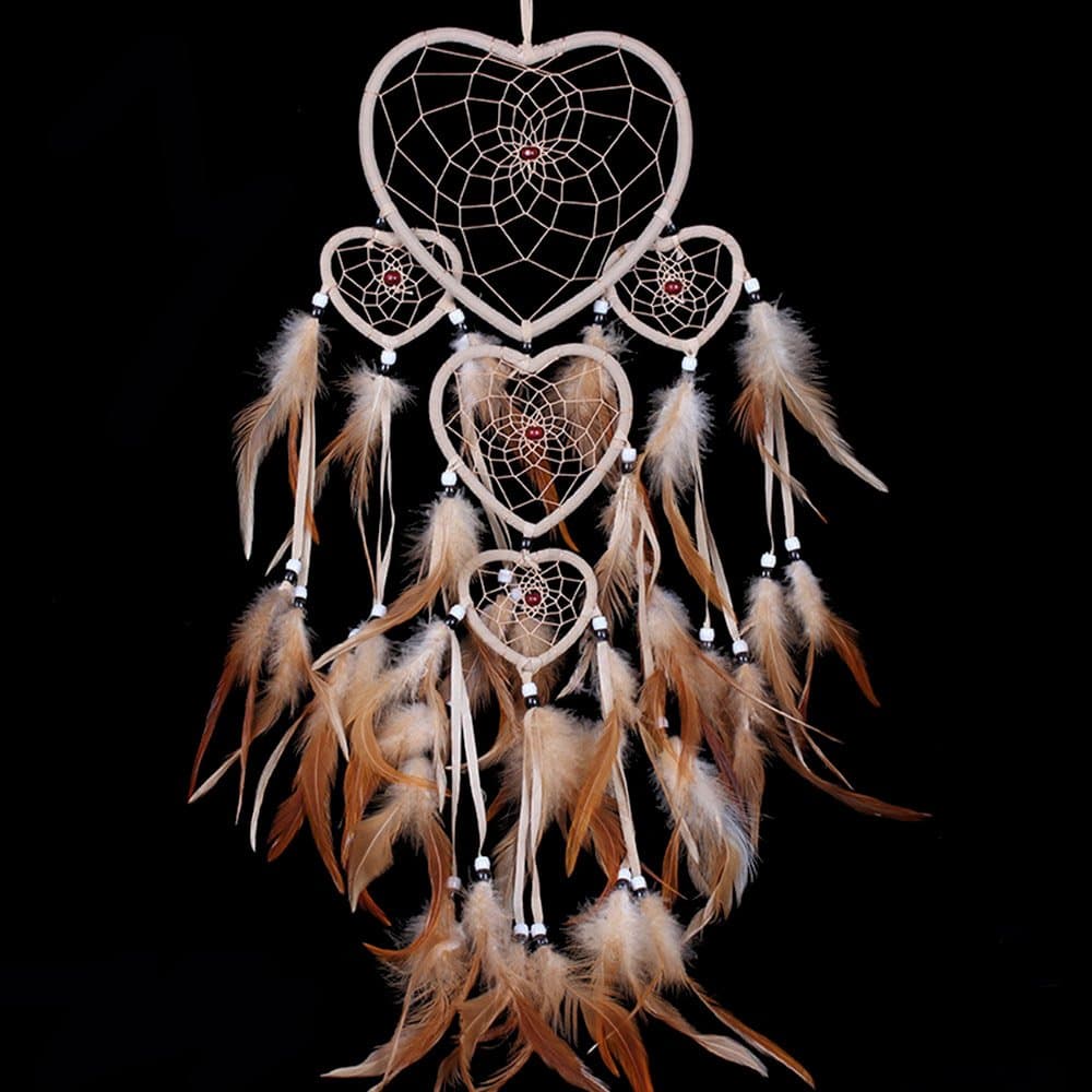 WESTONETEK Large Handmade Dream Catcher Traditional Dreamcatcher Feather Wall Hanging Decoration Ornaments Five Hearts Beige