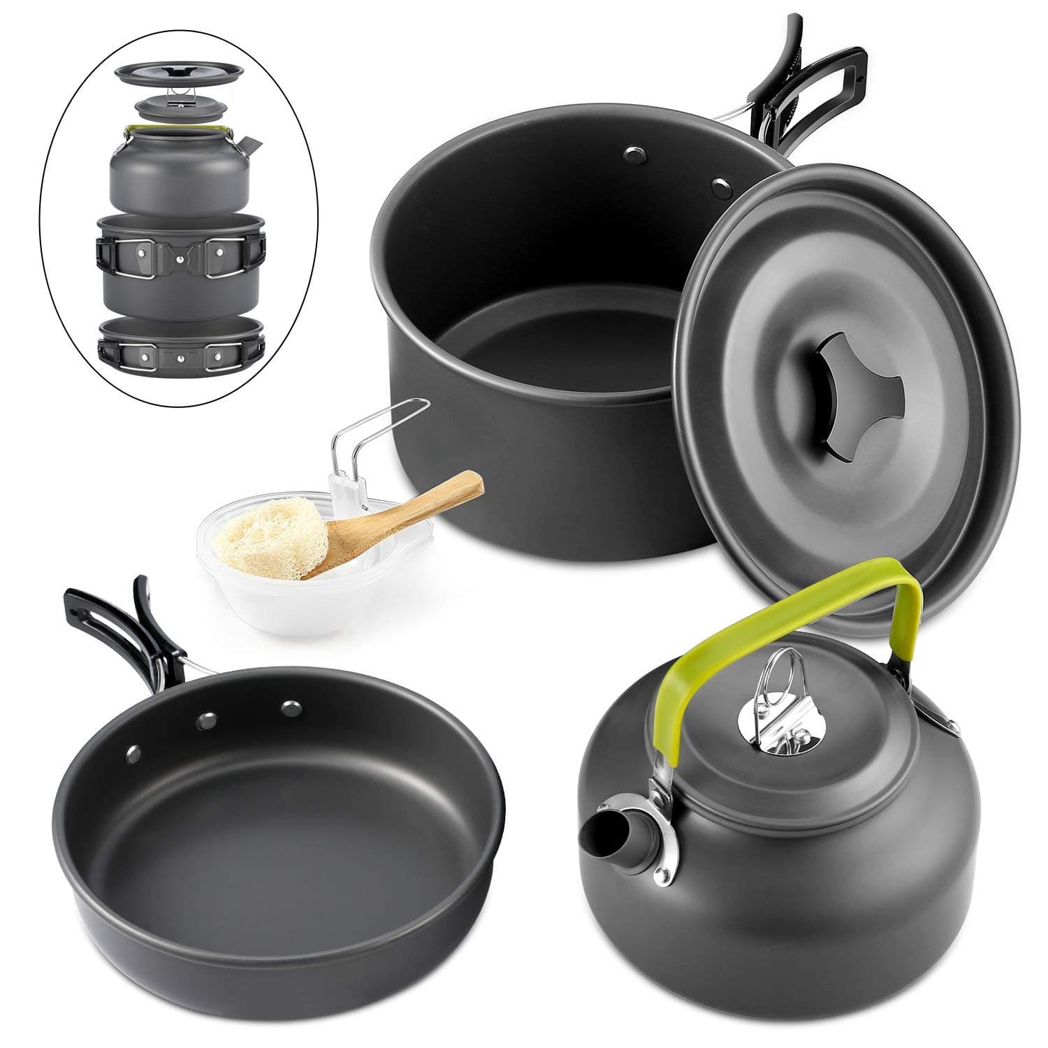 Camping Cookware, Aluminum Nonstick & Lightweight Cookware Set with Kettle Outdoor Camping Pans for , Portable Cook Set or gear for Camping Hiking BBQ Picnic (2-3People)
