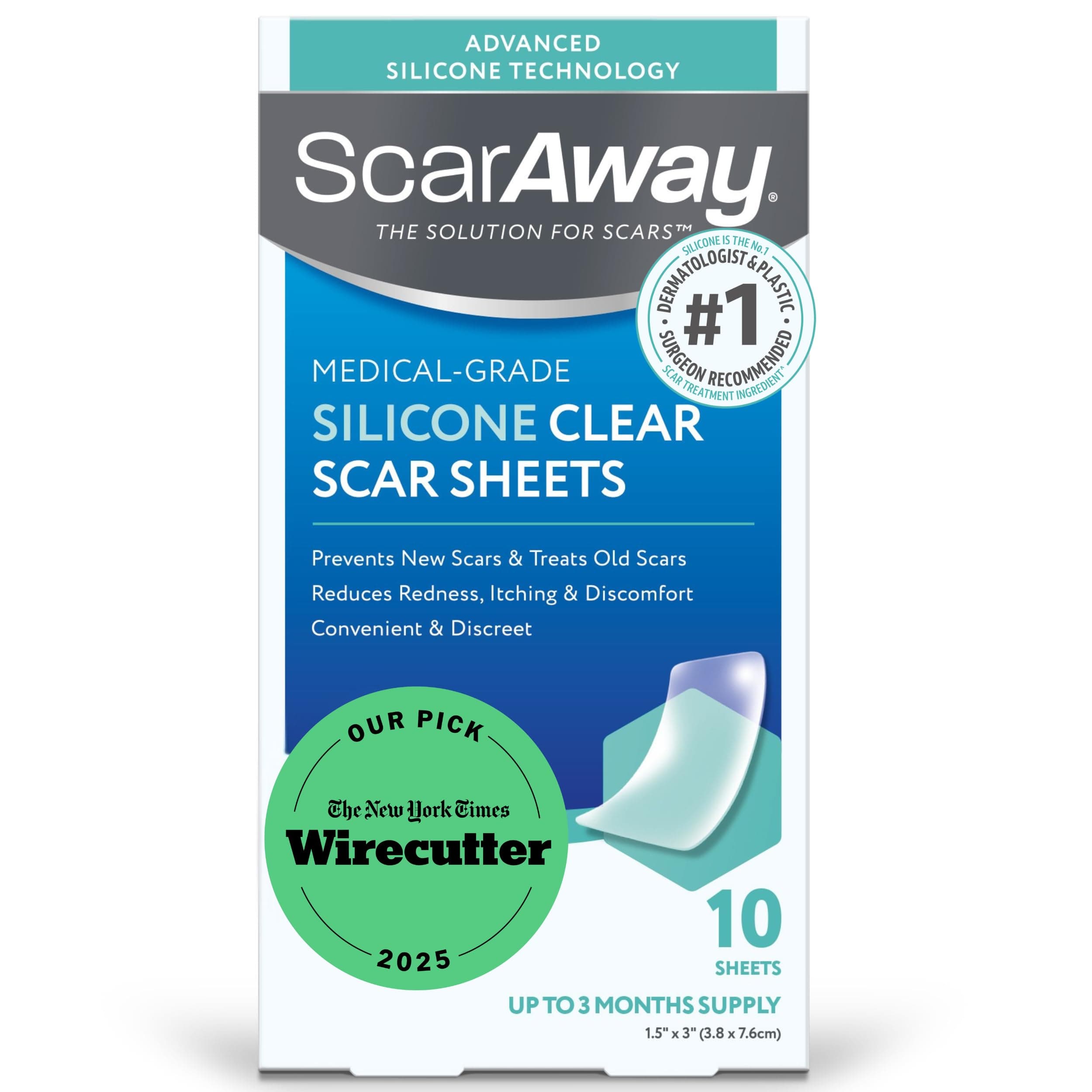 ScarAway Advanced Clear Silicone Scar Sheets, Medical Grade Silicone Strips (1.5" x 3") Scar Treatment and Prevention for Surgical, Burn, Body, Hypertrophic & Keloid Scar Treatment, 10 Clear Sheets