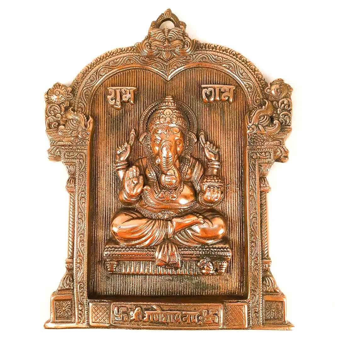 Apka Mart The Online Shop Handcrafted Lord Ganesh Metal Wall Hanging with Shubh Labh Metal (Copper |13 Inch) Religious Figurine for Spiritual Home Décor