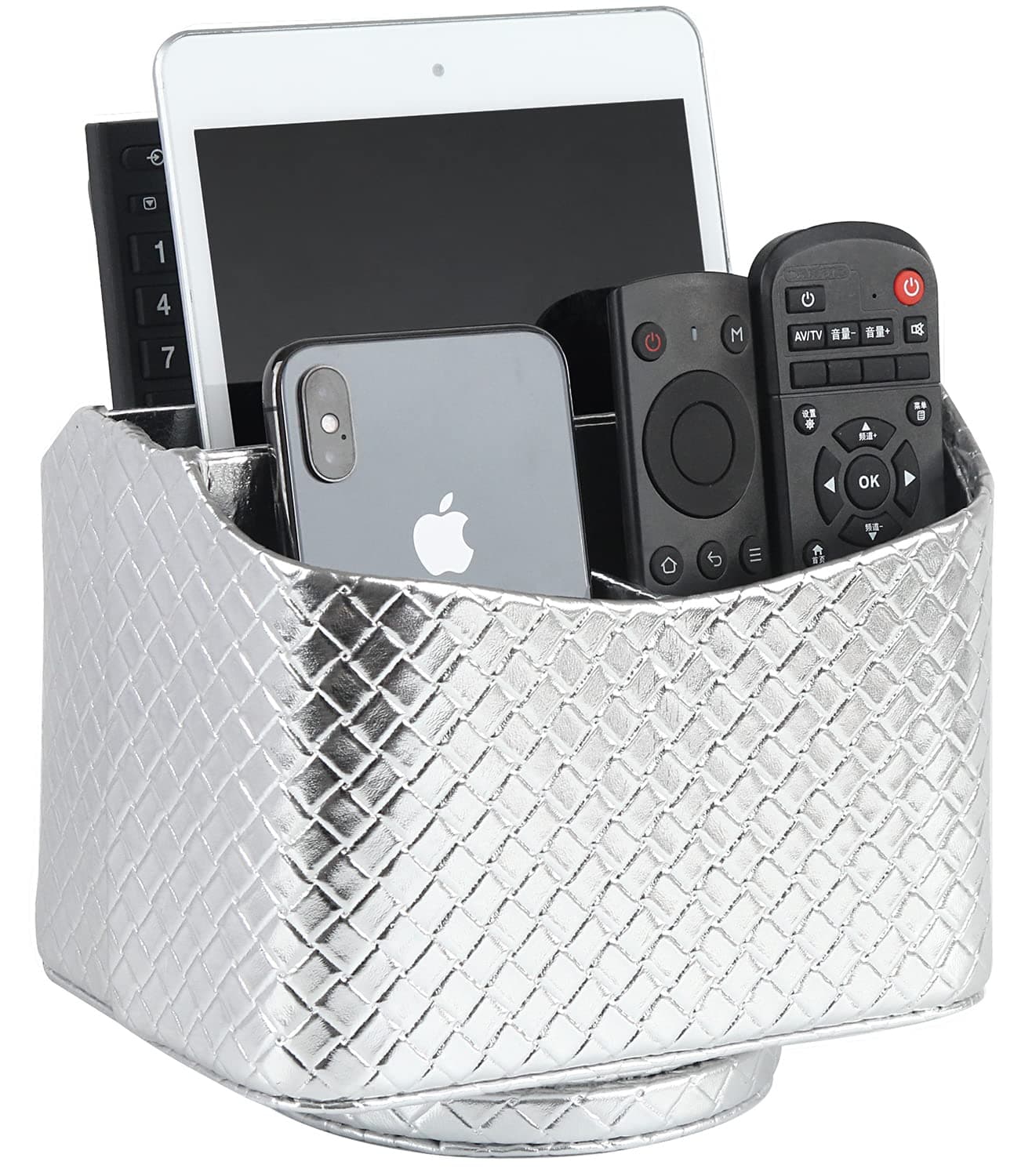 HofferRuffer Spinning Remote Control Holder, Remote Caddy, 360 Degrees Rotatable Remote Control Organizer, Desktop Organizer Caddy Holder, PU Faux Leather (Silver)