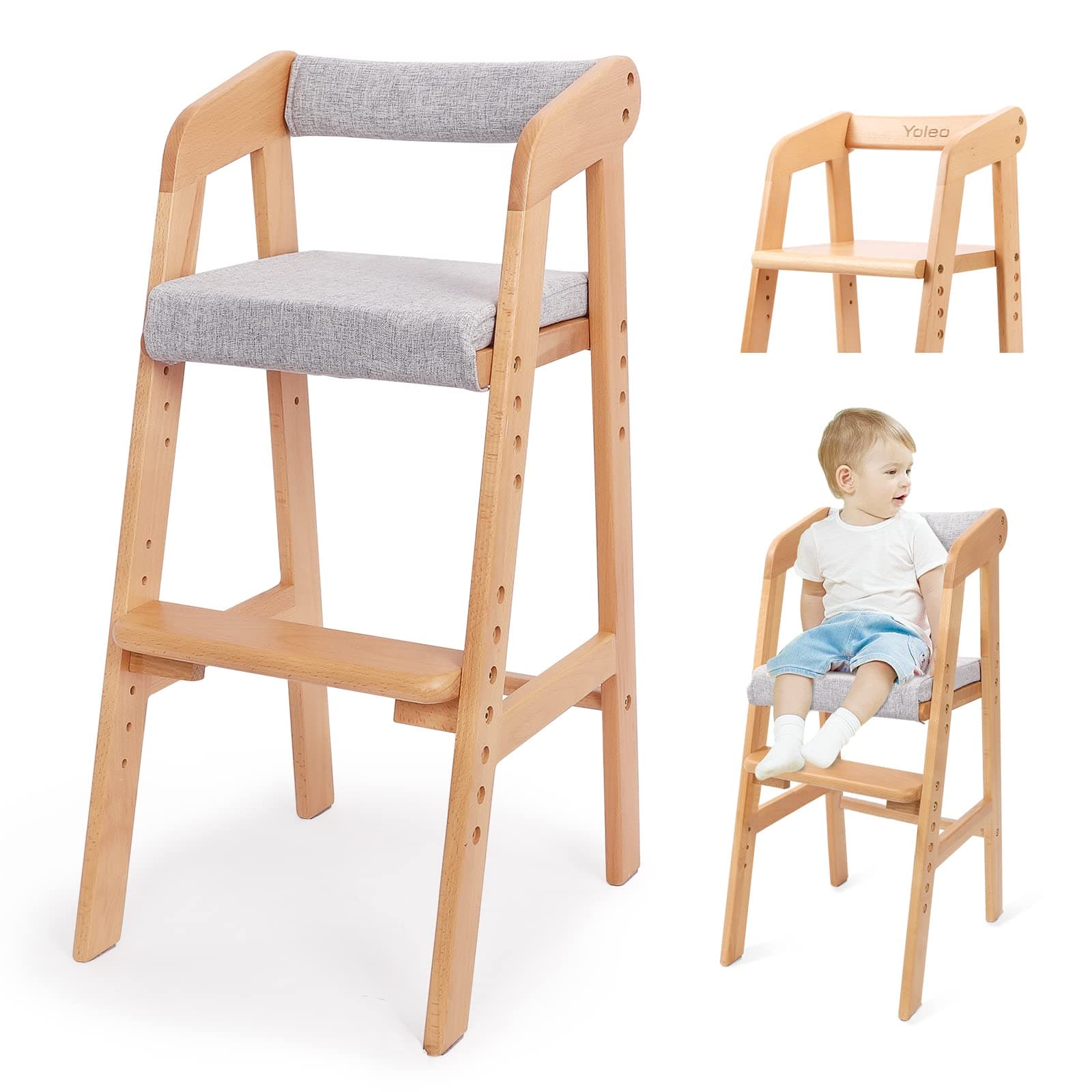 YOLEOWooden High Chair for Toddlers, Adjustable Feeding Chair with Removable Cushion for Child, High Chair Grows with Kid for Dining, Studying, Step Tool(Natural Color)