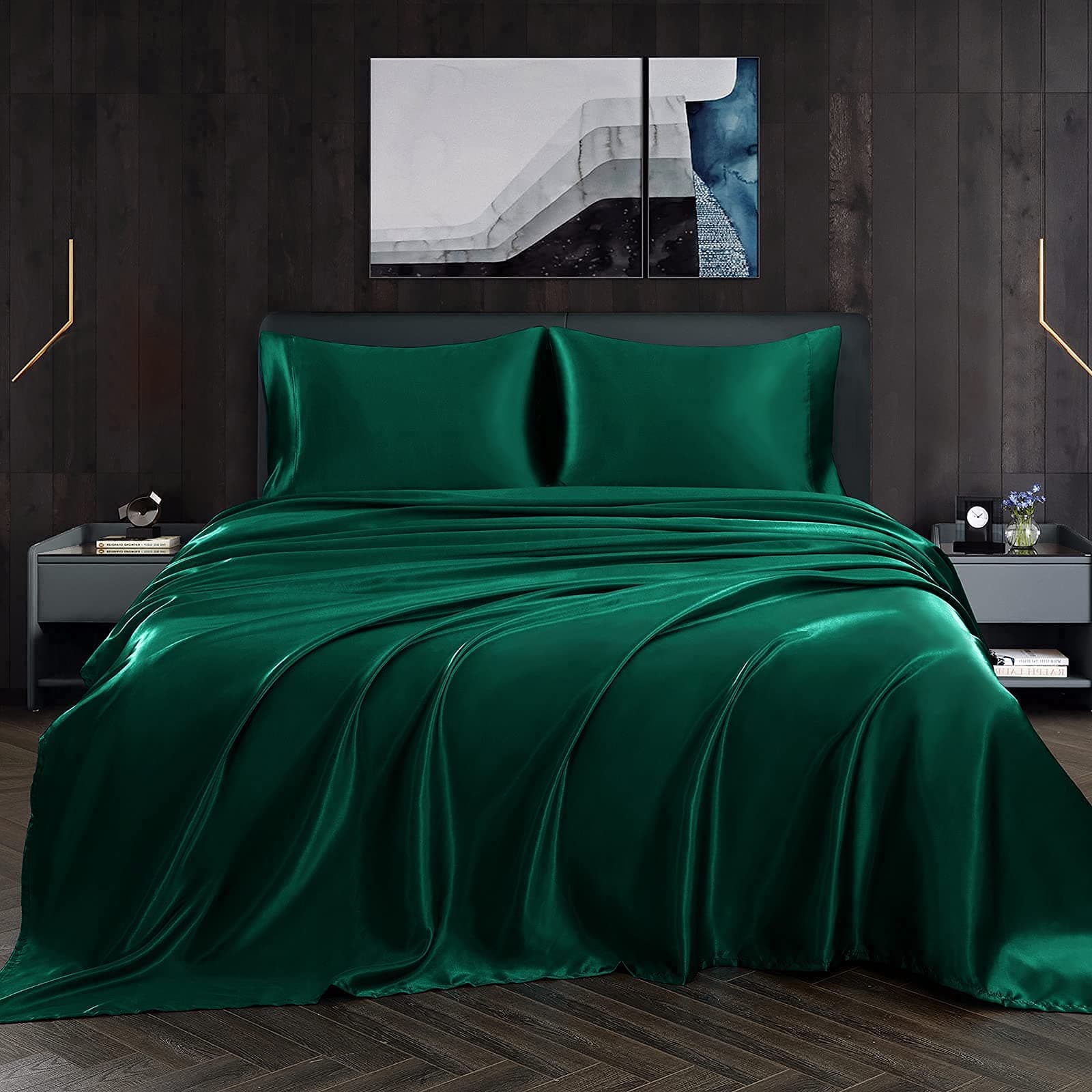 Homiest 4pcs Satin Sheets Set Luxury Silky Satin Bedding Set with Deep Pocket, 1 Fitted Sheet + 1 Flat Sheet + 2 Pillowcases (King Size, Blackish Green)