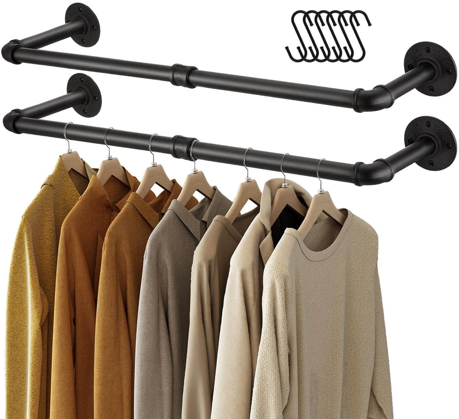 GREENSTELL Clothes Rack Wall Mounted, 36.2 Inch Industrial Pipe Clothing Rack, Space-Saving Closet Rod, Multi-Purpose Hanging Rod for Bedroom, Laundry Room, 2 Base (2 Pack)