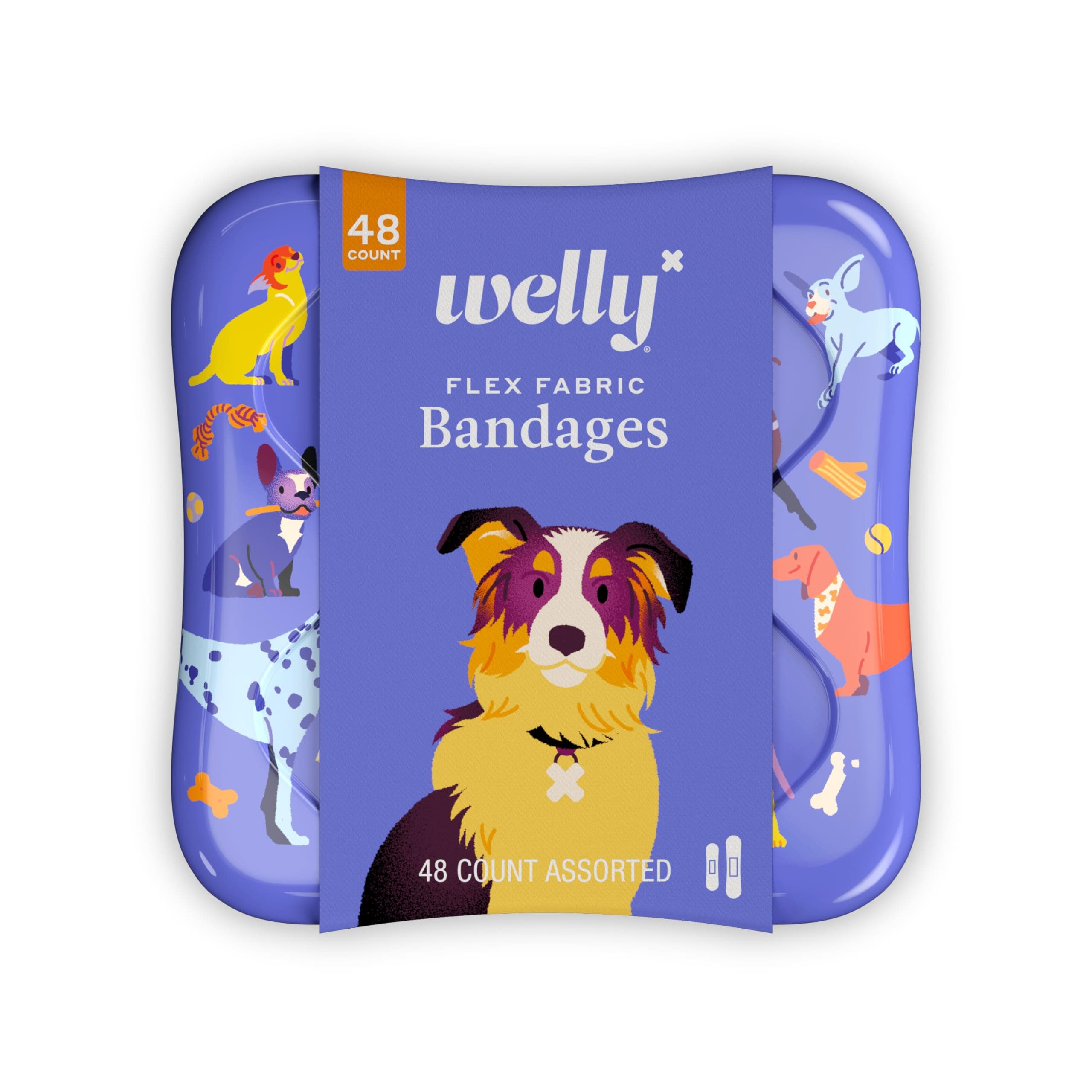 Welly Bandages | Adhesive Flexible Fabric Bravery Badges | Assorted Shapes for Minor Cuts, Scrapes, and Wounds | Colorful and Fun First Aid Tin | Dogs Patterns - 48 Count