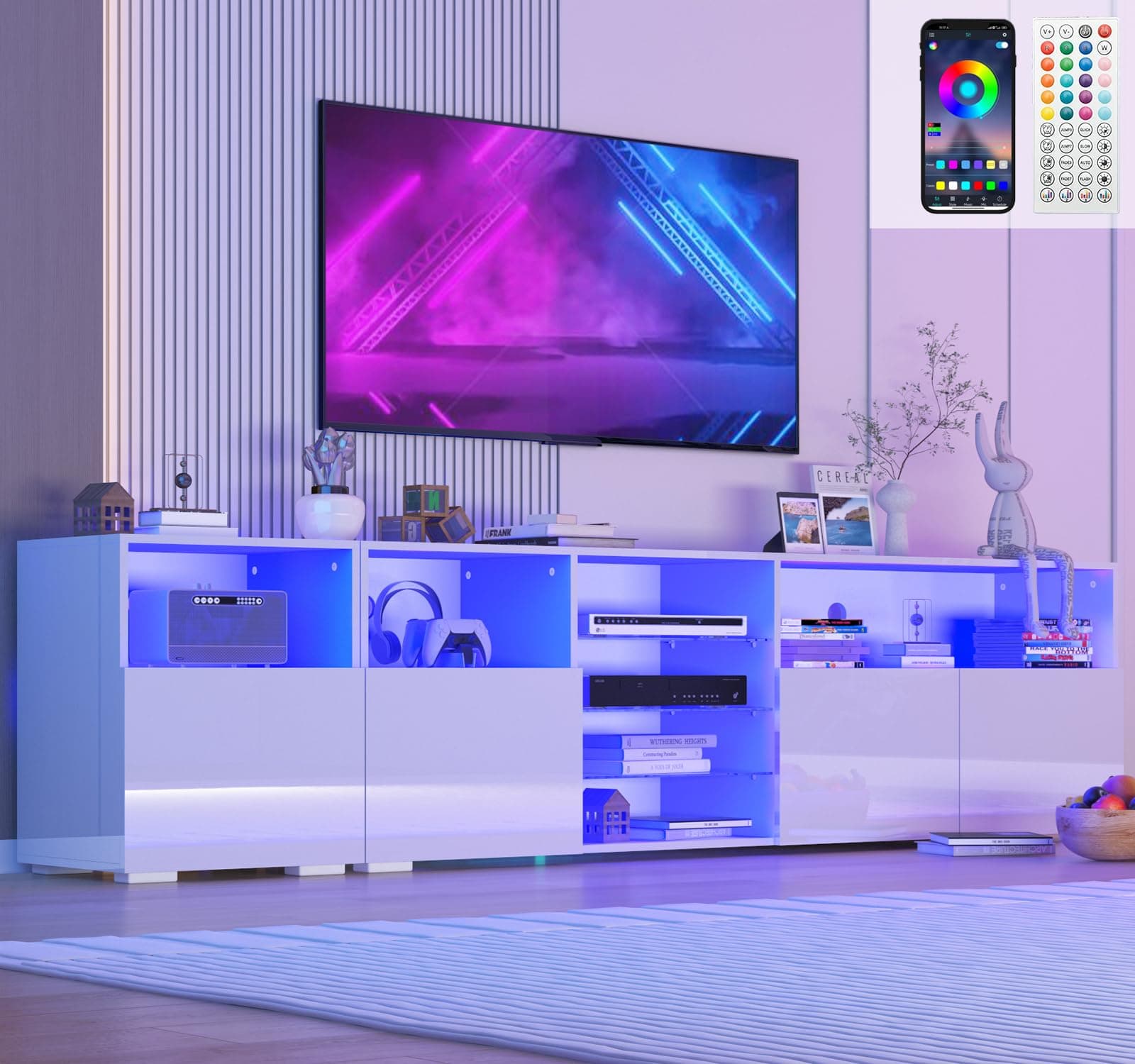79IN LED TV Stand for 75/80/85inch TV,High Glossy Modern TV Stand for Living Room,TV Entertainment Center with Adjustable Storage Shelf,RGB LED Lighting,TV Console(White)