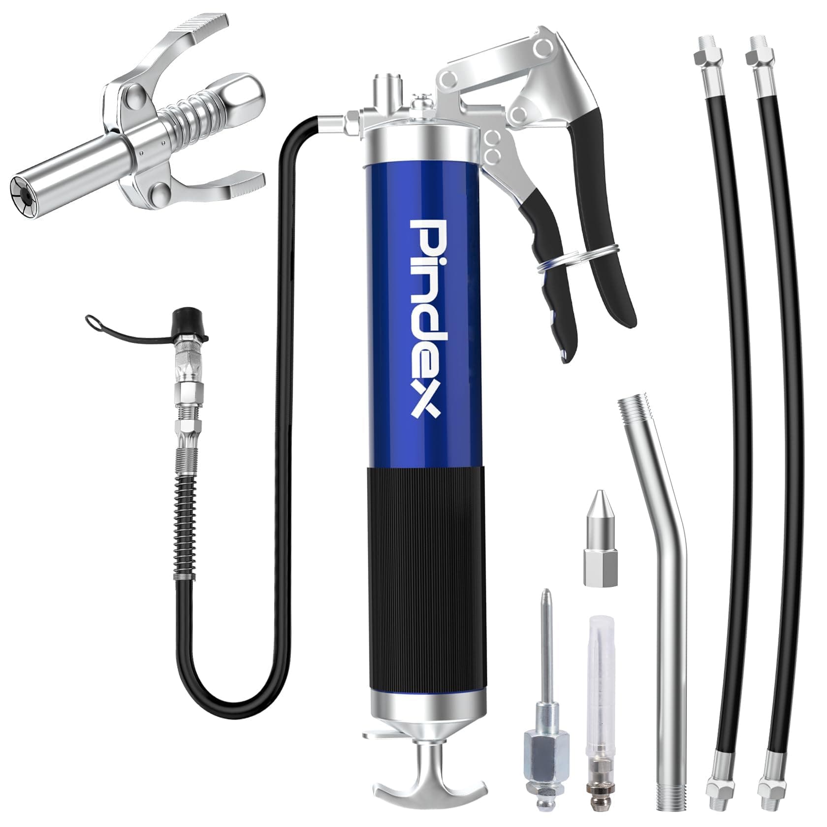 Pindex Grease Gun with Coupler, Manual Grease Gun Hand Pump with Coupler 3 Flexible Hose Needle for 400g Cartridge with Fitting End Nozzle