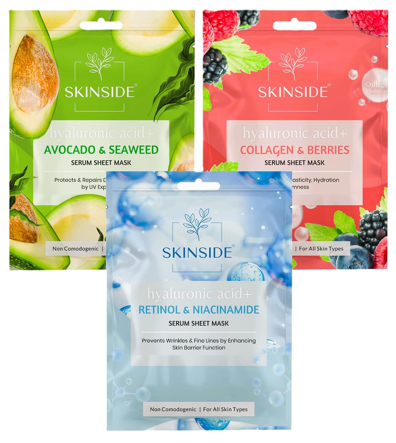 SkinSide Serum Sheet Mask for Glowing Skin with Hyaluronic Acid | Face Mask Sheets Combo for | Hydrating | Tan & Blackheads Removal | Instant Brightening | Pore Reduction | Fairness | Skin Tightening (3, Avocado & Sea Weed | Retinol & Niacinamide | Collagen & Berries)