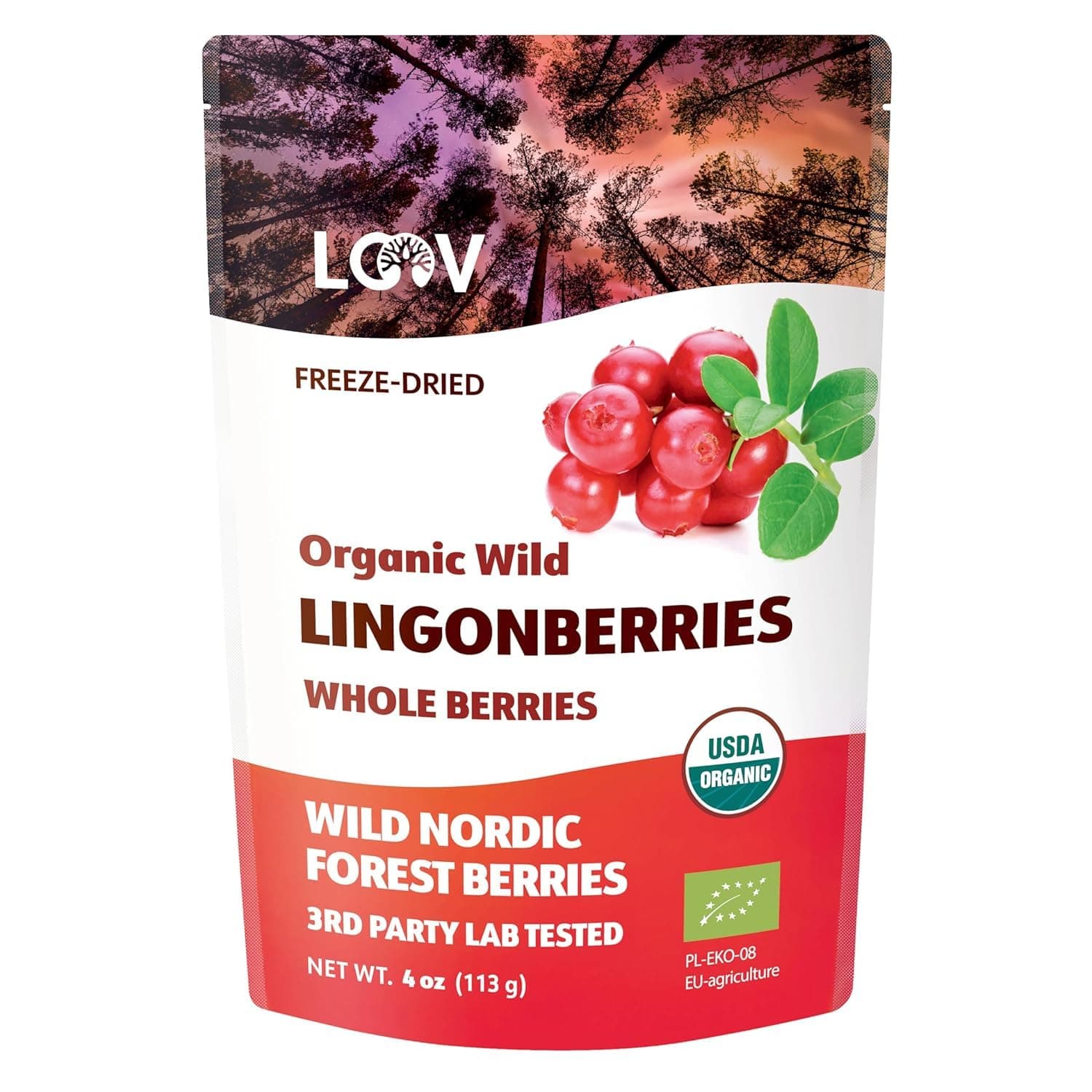 Freeze Dried Organic Wild Lingonberries, No Sugar Added, 100% Dried Whole Fruit Lingonberries, Wild-Crafted from Northern European Forests, 113 g, 23-Day Supply, Non-GMO