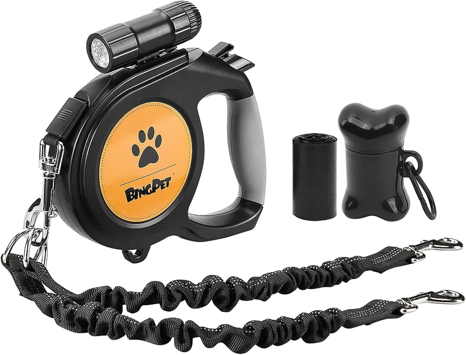 Dual Retractable Dog Leash for Dogs Walking,26ft Heavy Duty Double Dog Leash for Two Dogs with LED Flashlight,Poop Bags,Reflective Elastic Rope,360° Tangle-Free,Up to 110 lbs / 50 kg