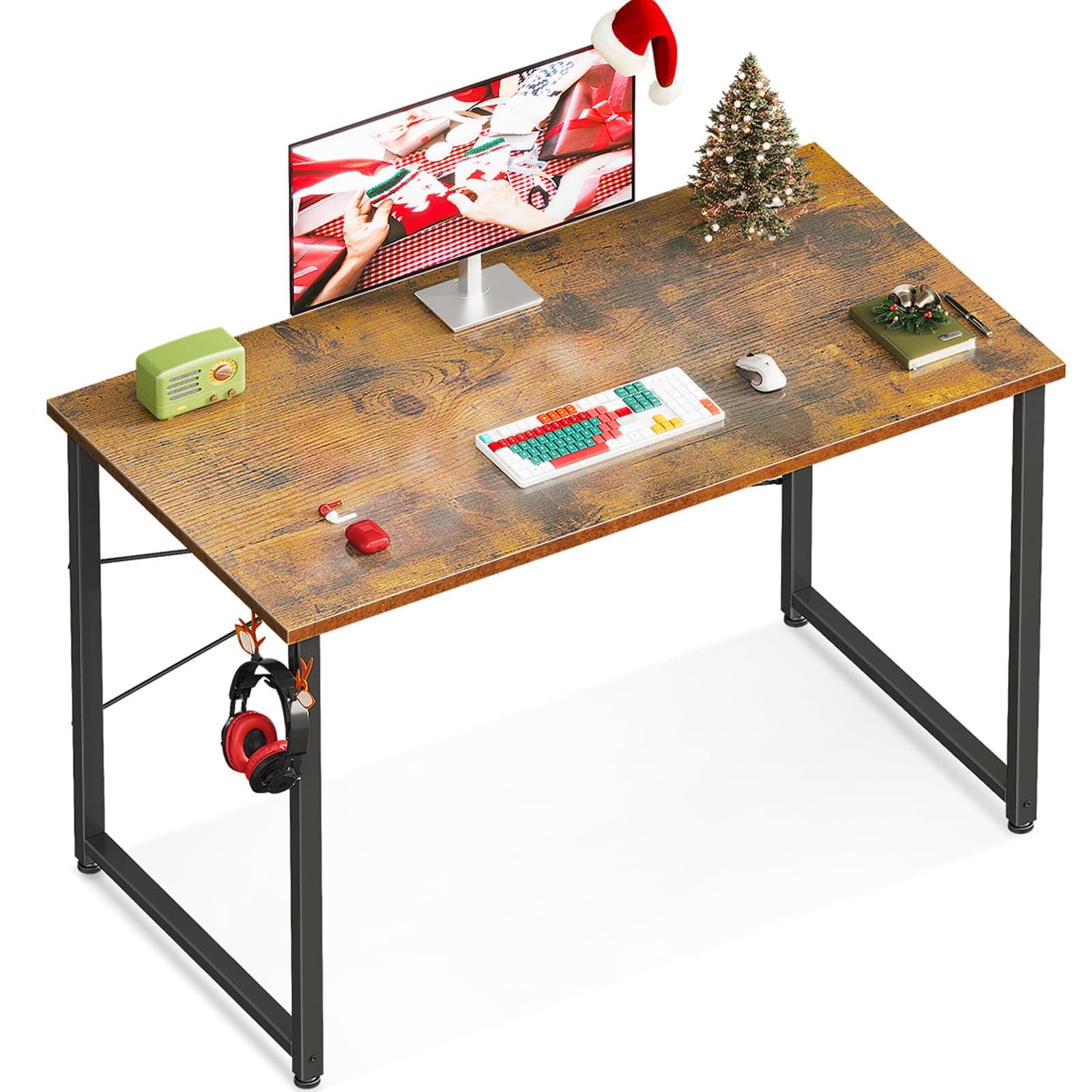 Casaottima 40 Inch Small Computer Desk for Home Office, Study Writing Table for Small Spaces, Simple Modern Desk with Headphone Hooks, Rustic Brown