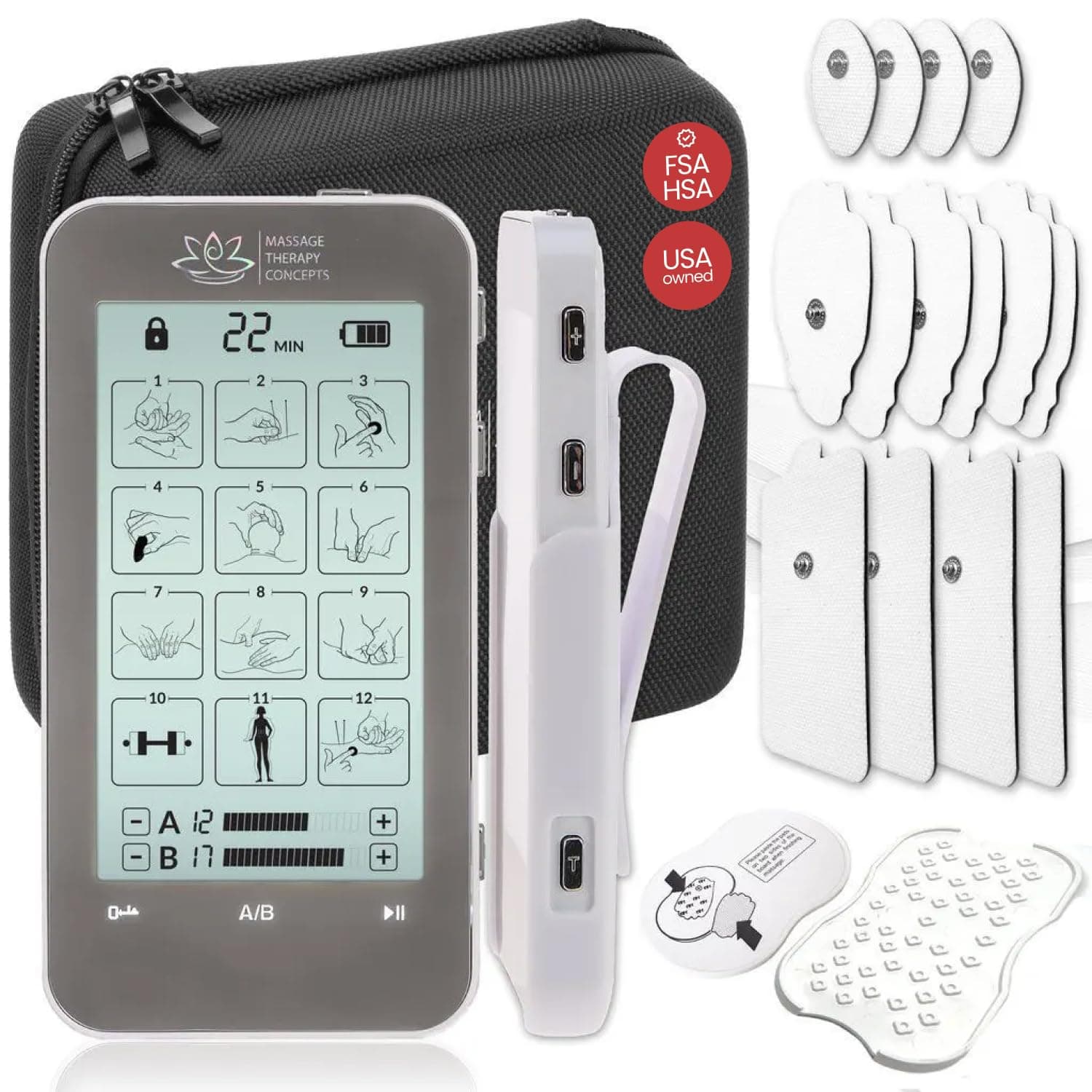 Massage Therapy Concepts TENS Unit Muscle Stimulator for PainRelief - Professional Dual Therapy Machine with 12 Modes and 20 Levels - Complete Accessory Set for Back and Neck Pain
