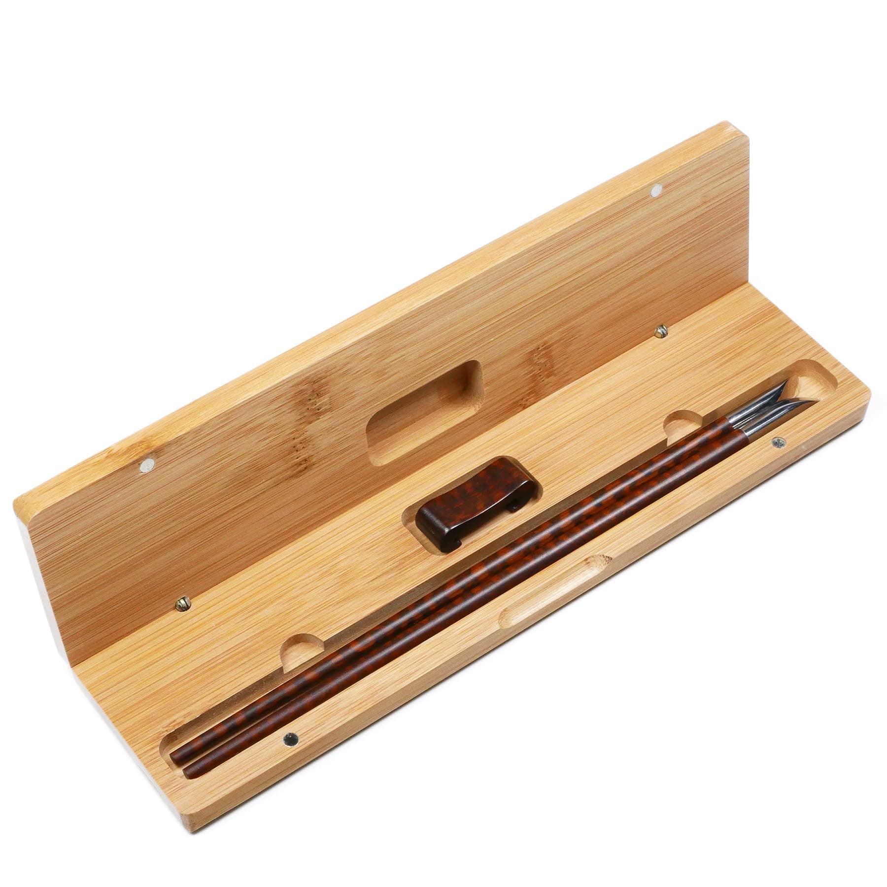 1 Pair Premium Natural Snakewood Reusable Chopsticks Set with Rest and Bamboo Case - Classic Round Handle with Stainless Steel Heads - Japanese Style - Custom Engraving Personalized Noble Gift Set