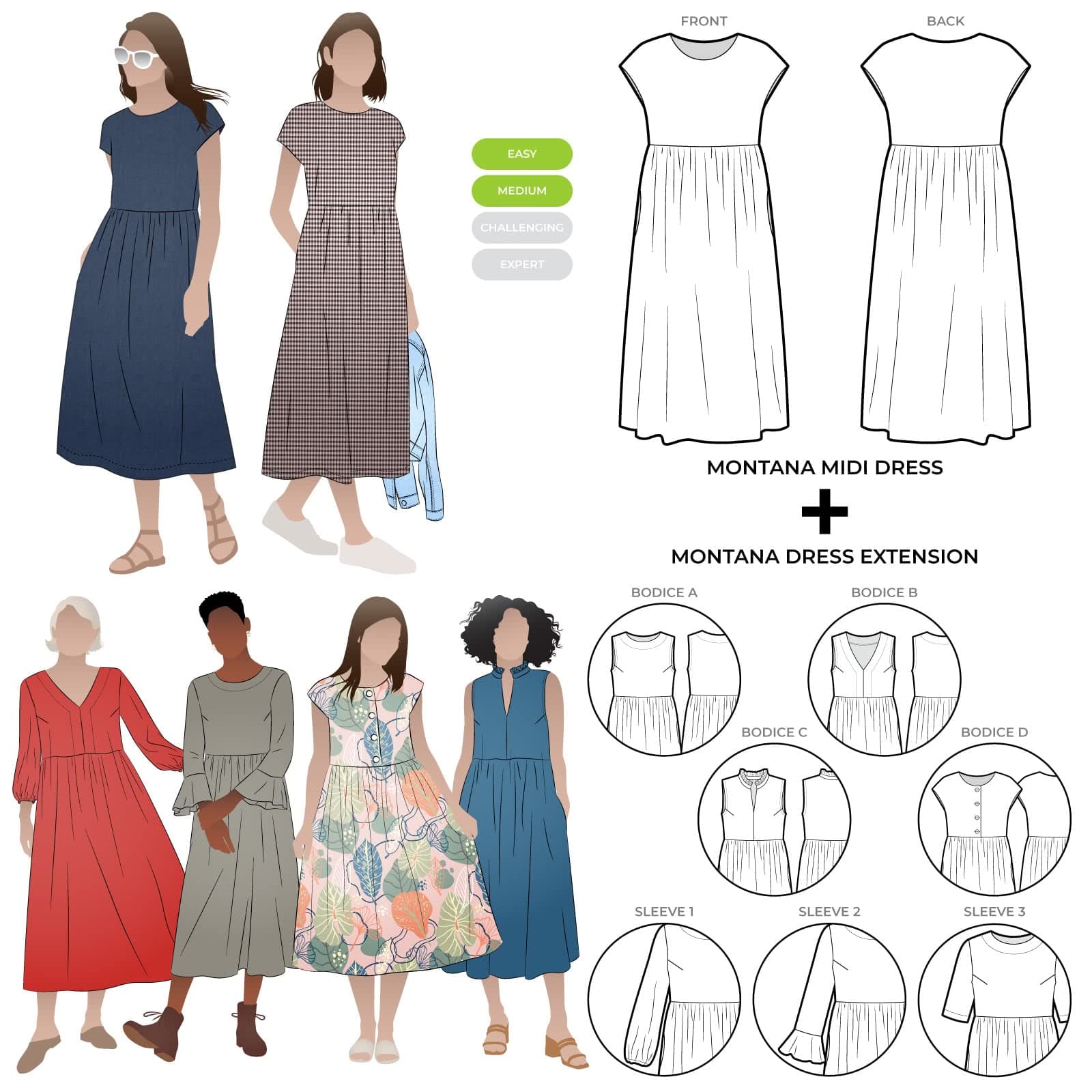 Style Arc Sewing Pattern - Montana Midi Dress Plus Extension Pack Bundle (Sizes 10-22)