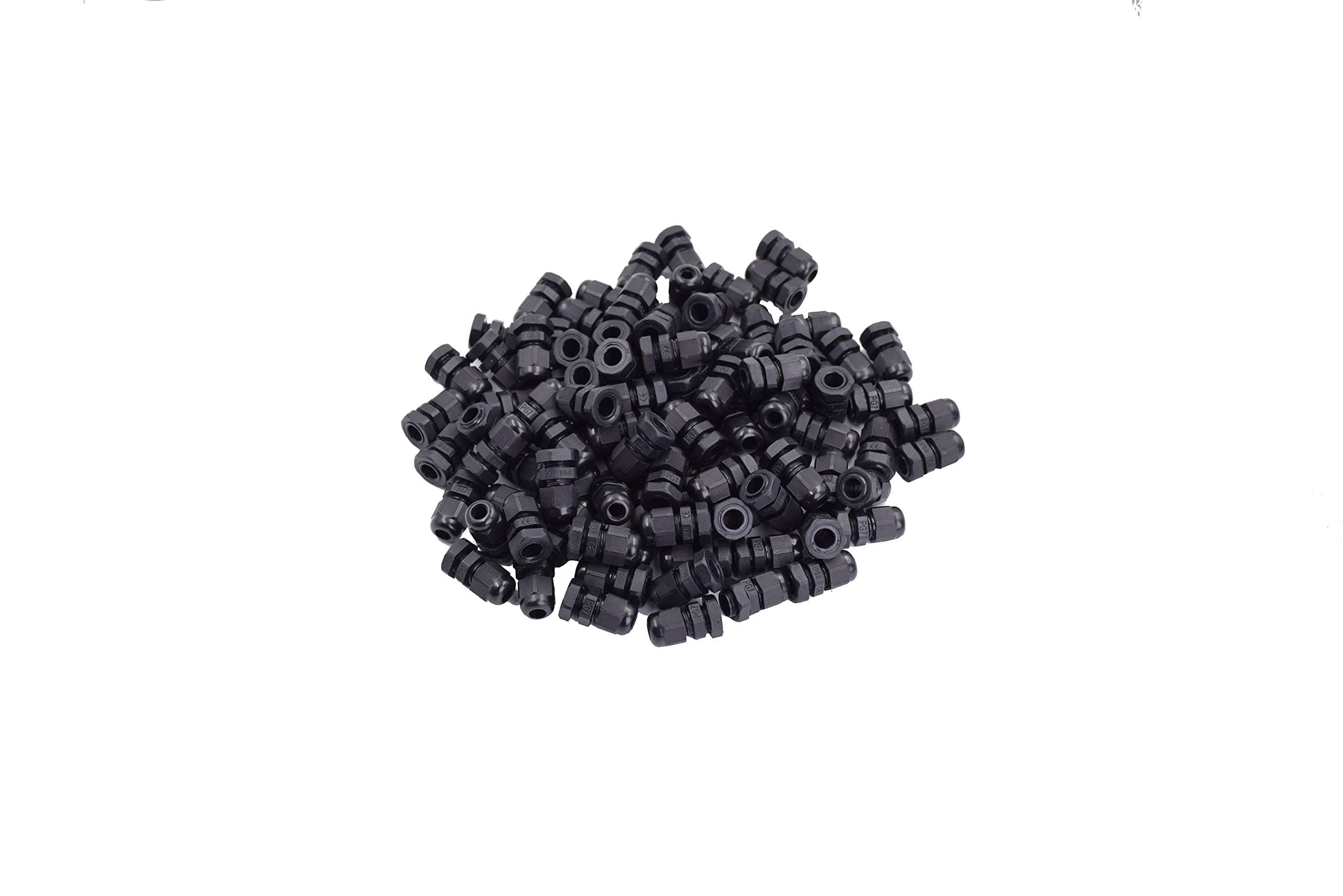 Tusrai 100 pcs Waterproof PG7 Cable Gland Connector Black Plastic Adjustable IP68 M12 Thread Cable Gland with Locknut Rubber Ring for 3.5-6mm Wire