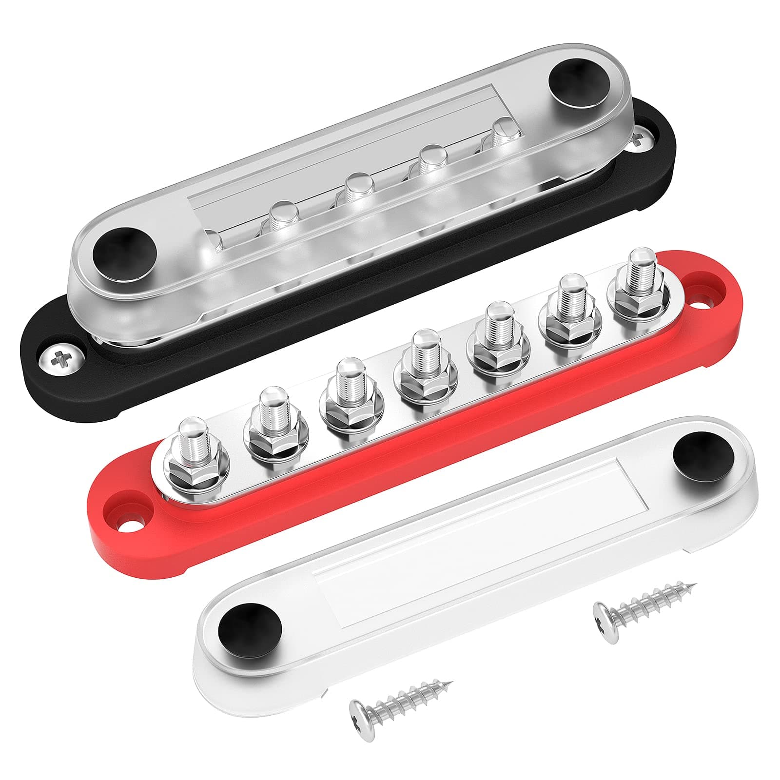 DaierTek Battery Bus Bar 12V Marine 7 x 1/4" (M6) Power Distribution Block with Cover 12V - 48V Positive & Negative Busbar Terminal Block for Automotive Car Boat